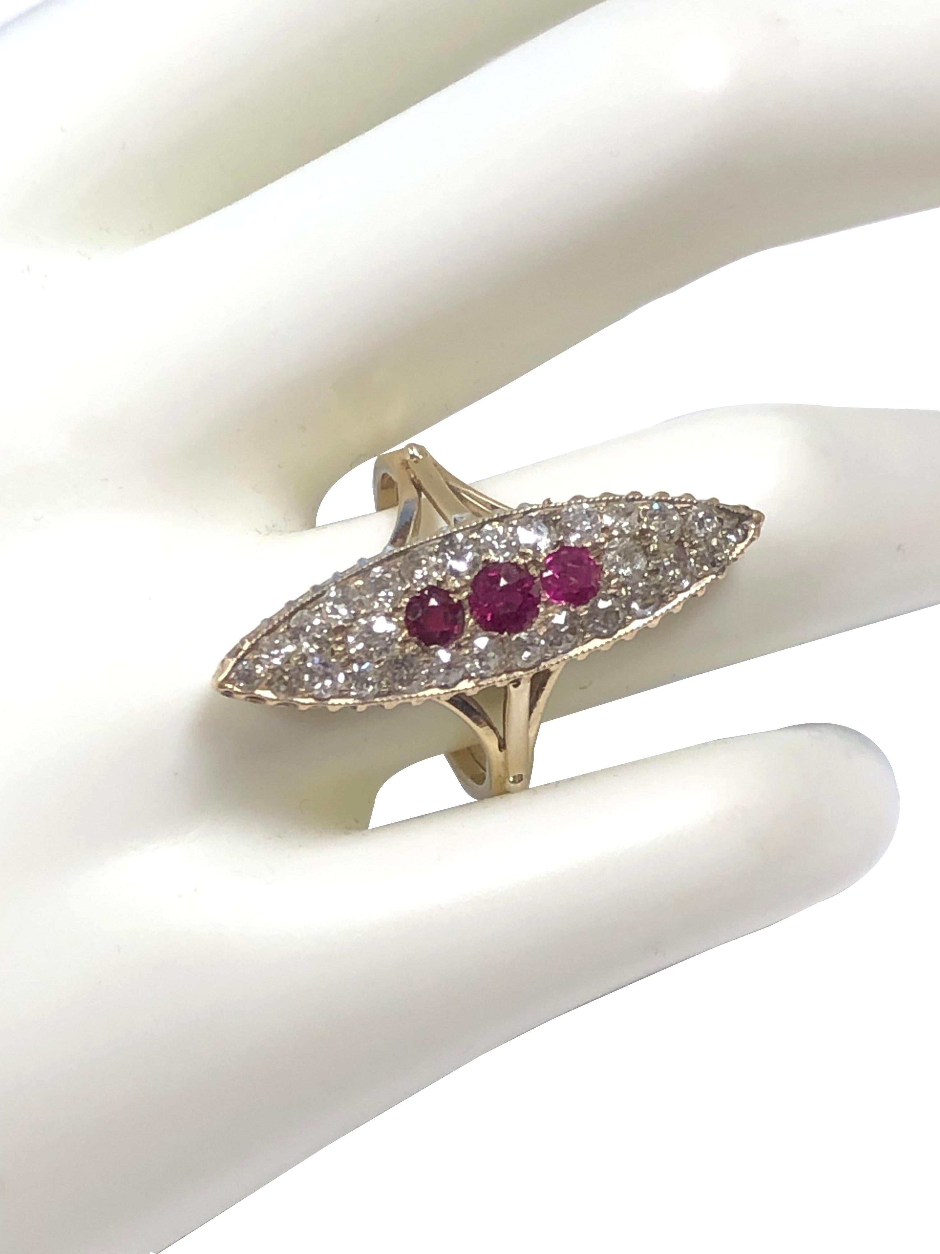 Fine Antique Large Yellod Gold Diamond and Ruby Navette Ring In Excellent Condition For Sale In Chicago, IL