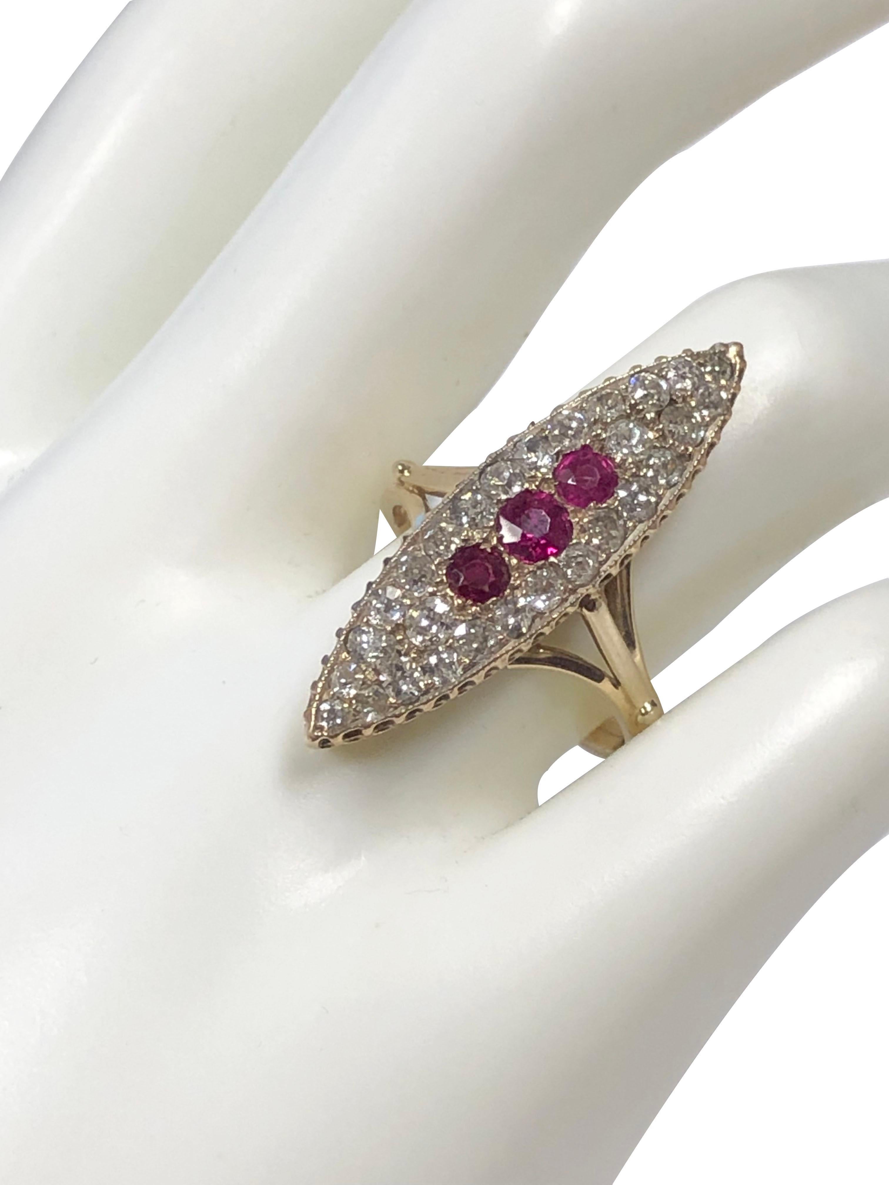 Women's Fine Antique Large Yellod Gold Diamond and Ruby Navette Ring For Sale