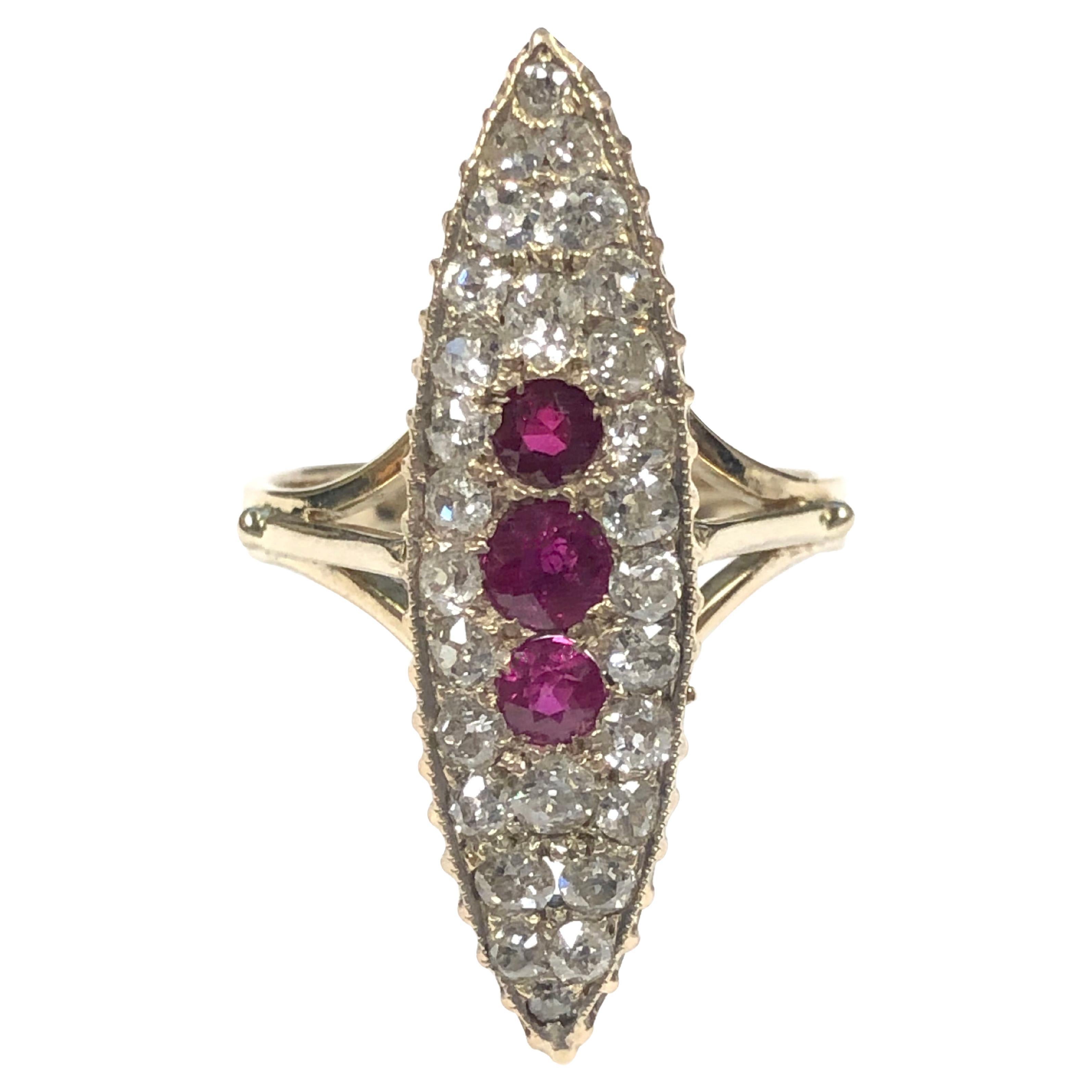 Fine Antique Large Yellod Gold Diamond and Ruby Navette Ring For Sale