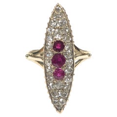 Fine Antique Large Yellod Gold Diamond and Ruby Navette Ring