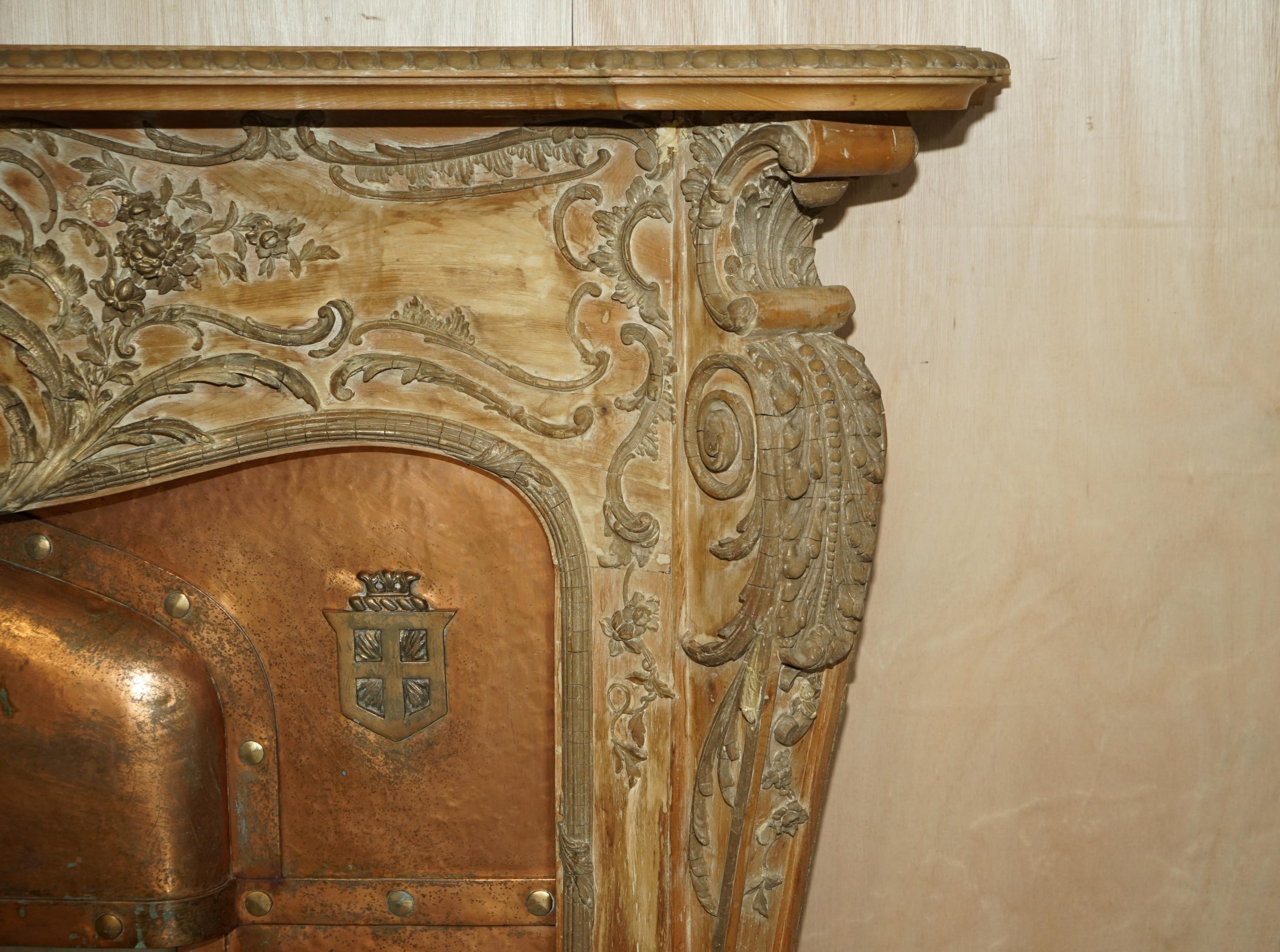 Fine Antique Limed Oak Georgian Carved Louis XV Fireplace Surround Copper Insert 5