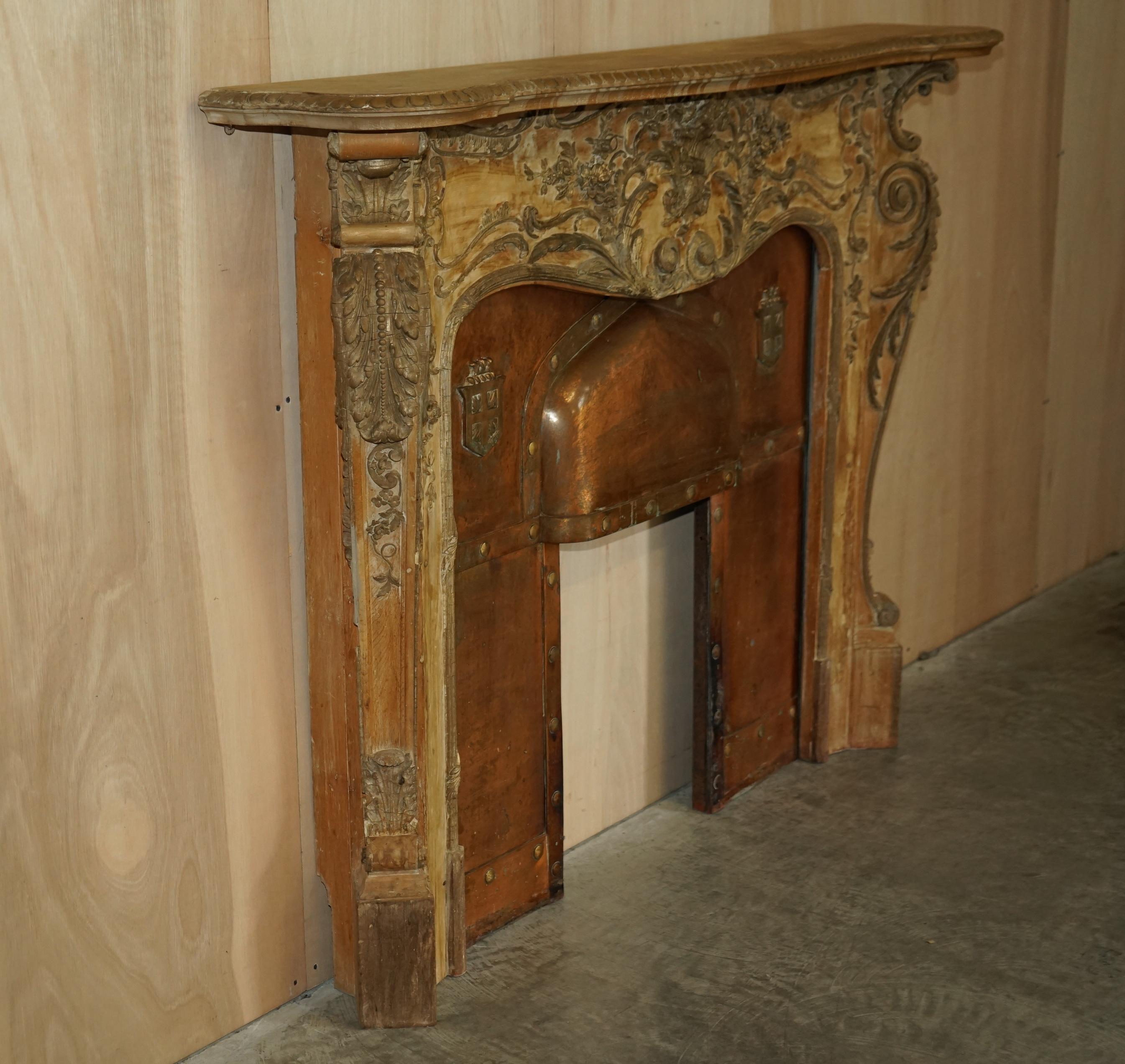 Fine Antique Limed Oak Georgian Carved Louis XV Fireplace Surround Copper Insert 6