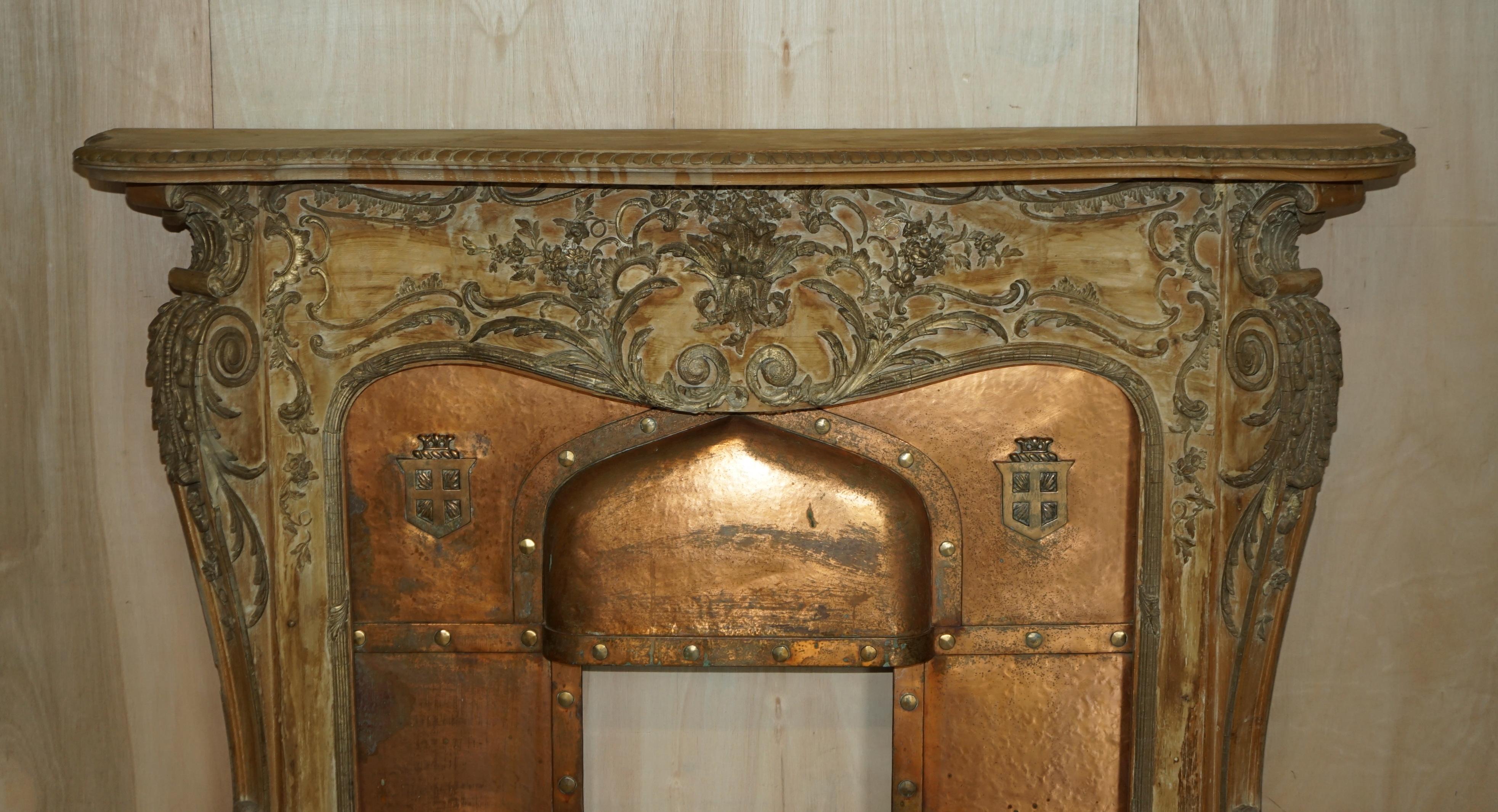 Hand-Carved Fine Antique Limed Oak Georgian Carved Louis XV Fireplace Surround Copper Insert