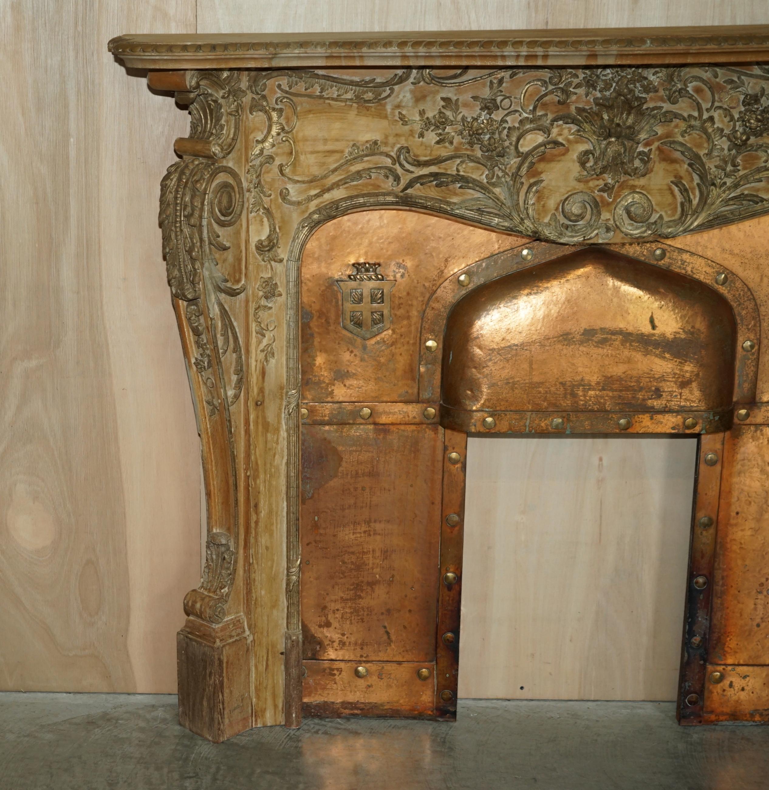 Brass Fine Antique Limed Oak Georgian Carved Louis XV Fireplace Surround Copper Insert