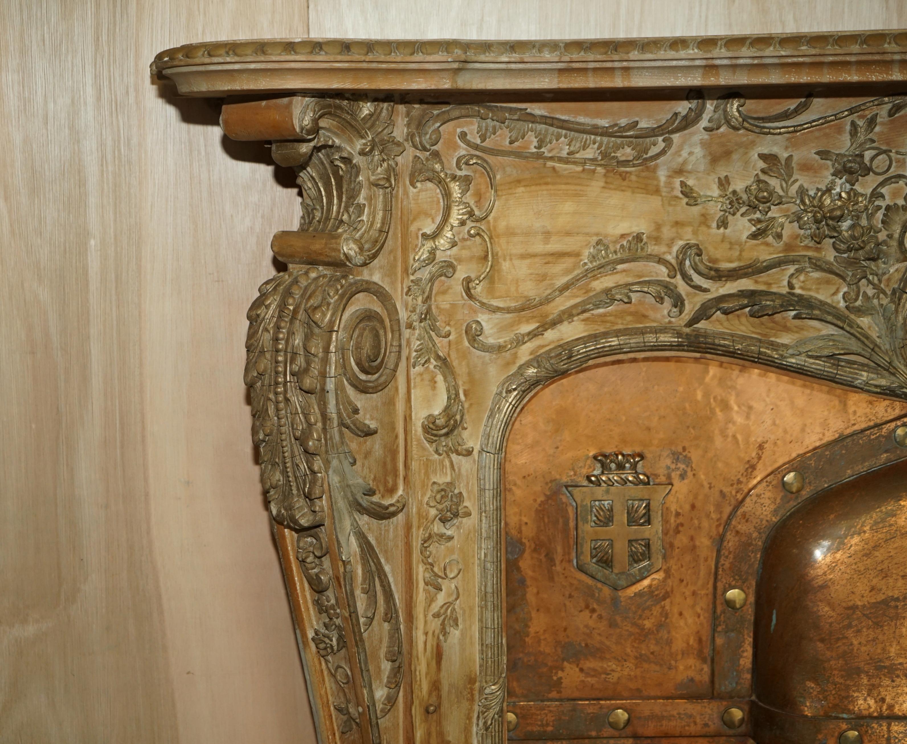 Fine Antique Limed Oak Georgian Carved Louis XV Fireplace Surround Copper Insert 1