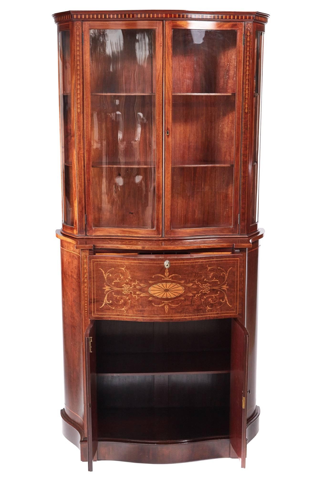 Fine Antique Mahogany Inlaid Serpentine Shaped Secretaire Bookcase or Cabinet (Viktorianisch) im Angebot