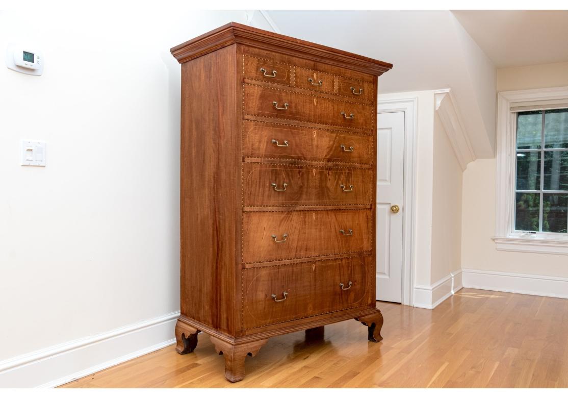 Fine Antique Marquetry Inlaid Mahogany Chest in Chippendale Style In Fair Condition For Sale In Bridgeport, CT