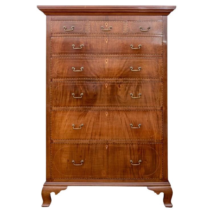 Fine Antique Marquetry Inlaid Mahogany Chest in Chippendale Style For Sale