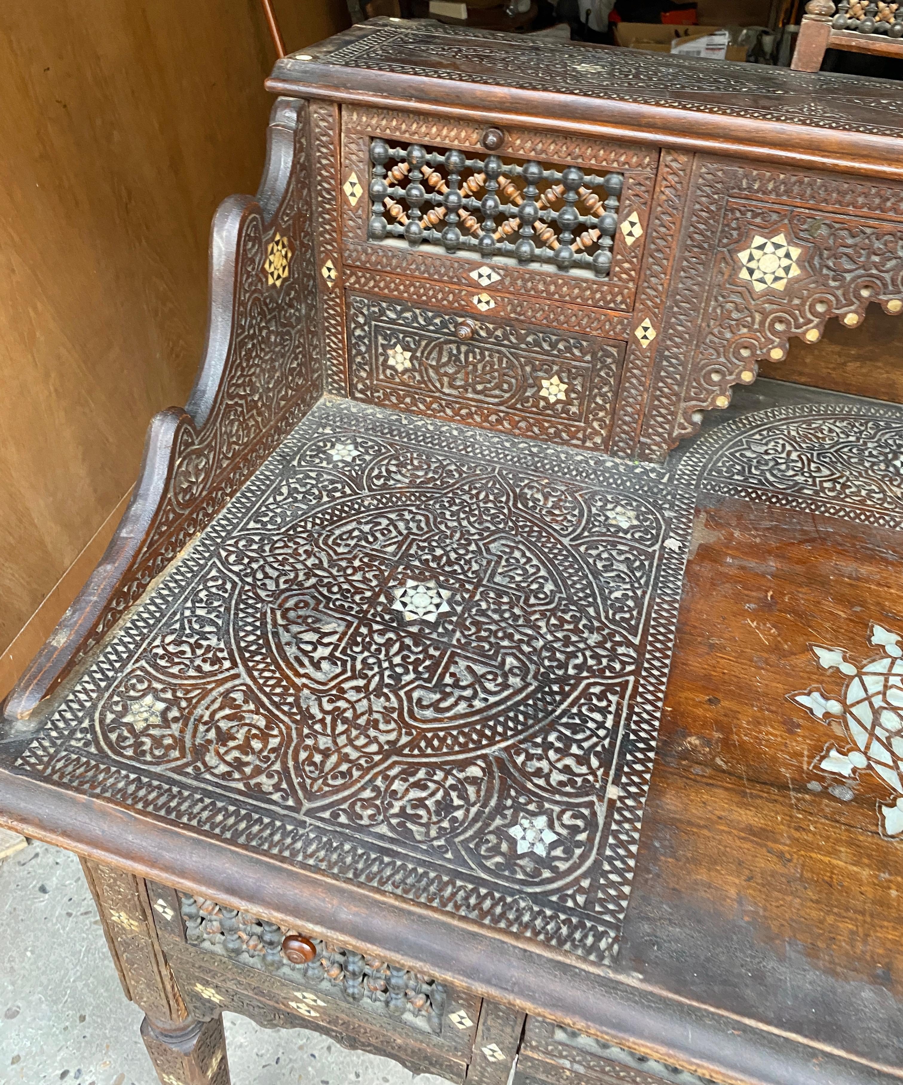 Antique Moorish Style Mother-of-Pearl Inlaid Desk and Chair Set For Sale 3