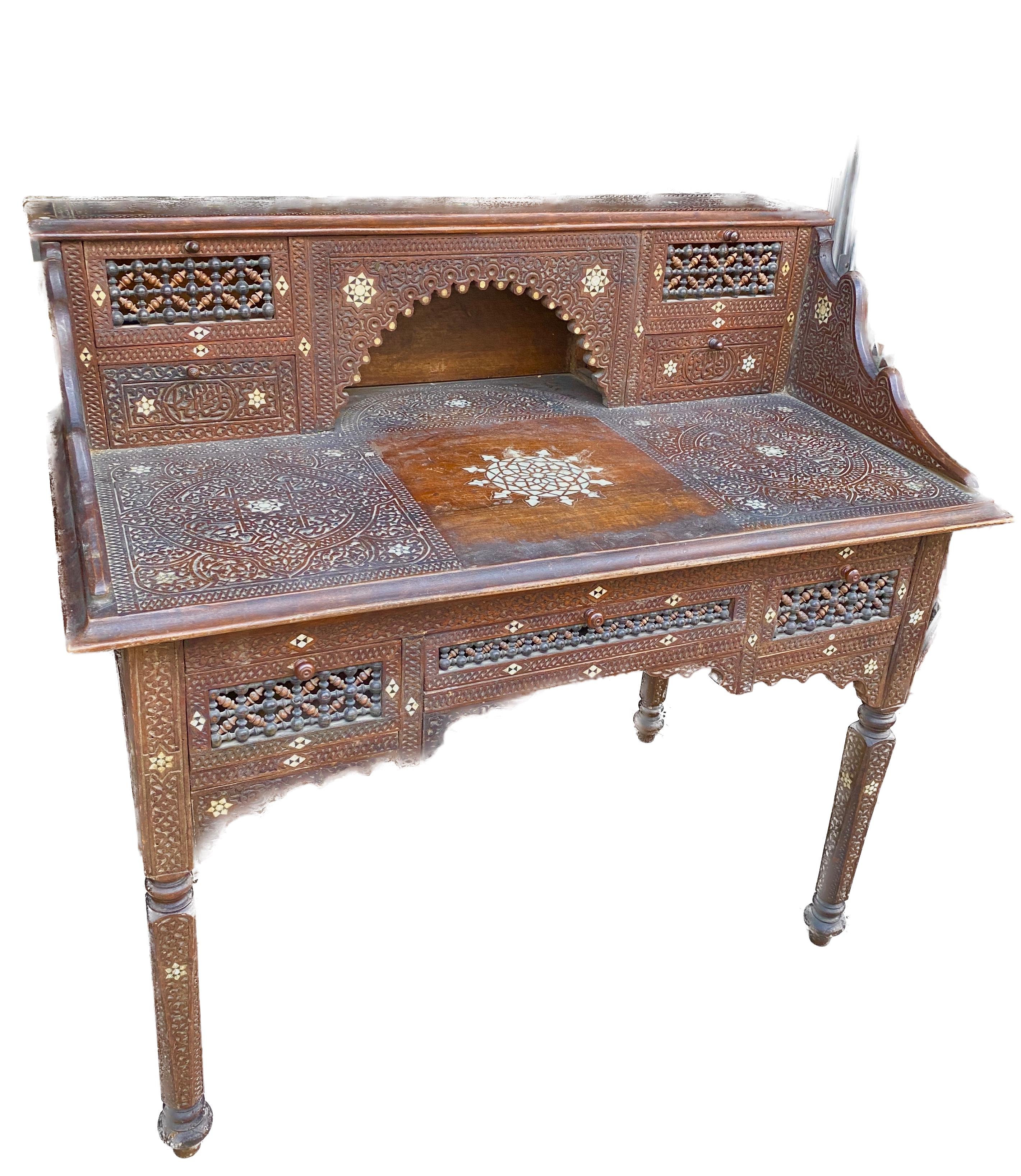 Antique Moorish Style Mother-of-Pearl Inlaid Desk and Chair Set For Sale 4