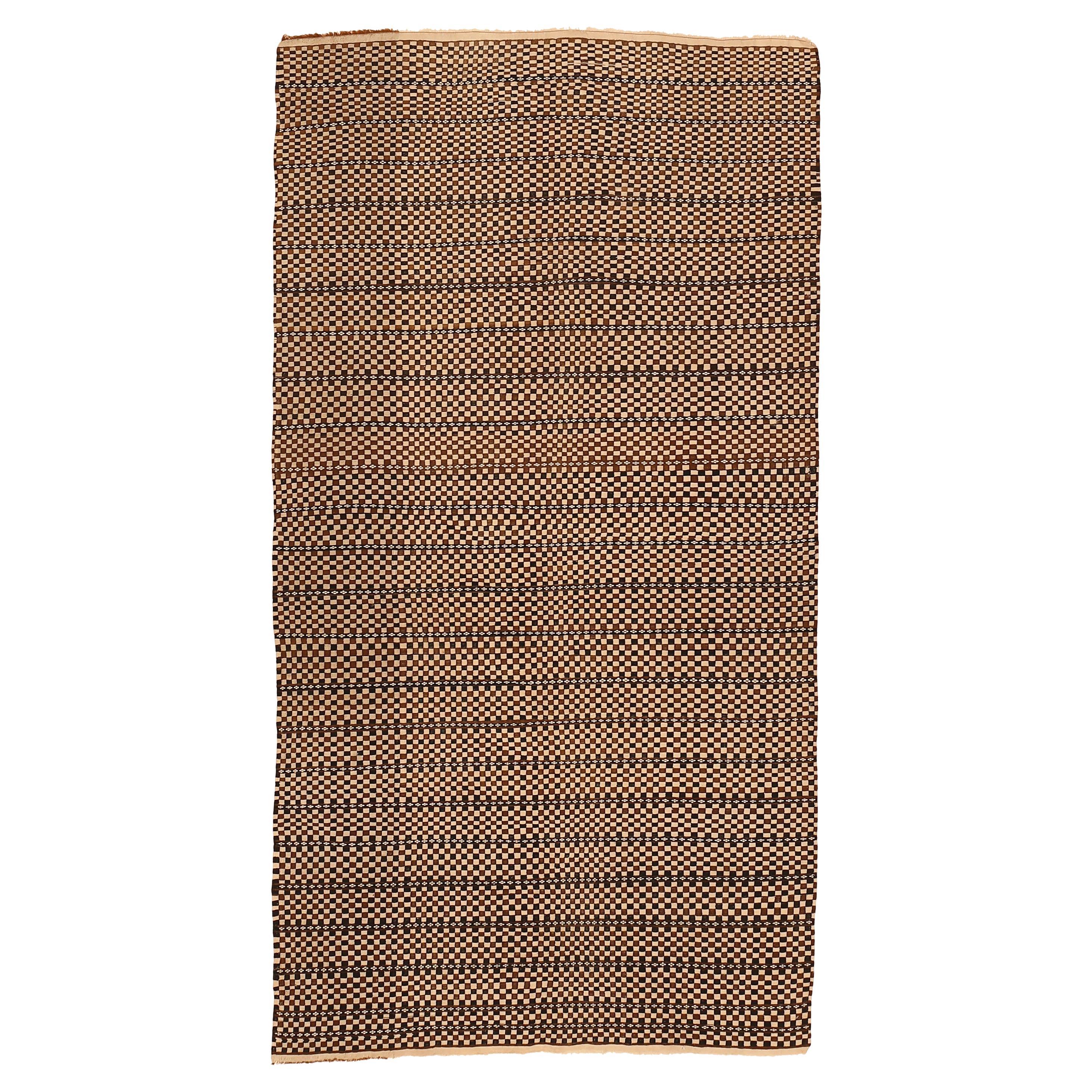 Fine Antique Moroccan Berber Checkerboard Design Flat-Woven Rug in Earth Tones  For Sale