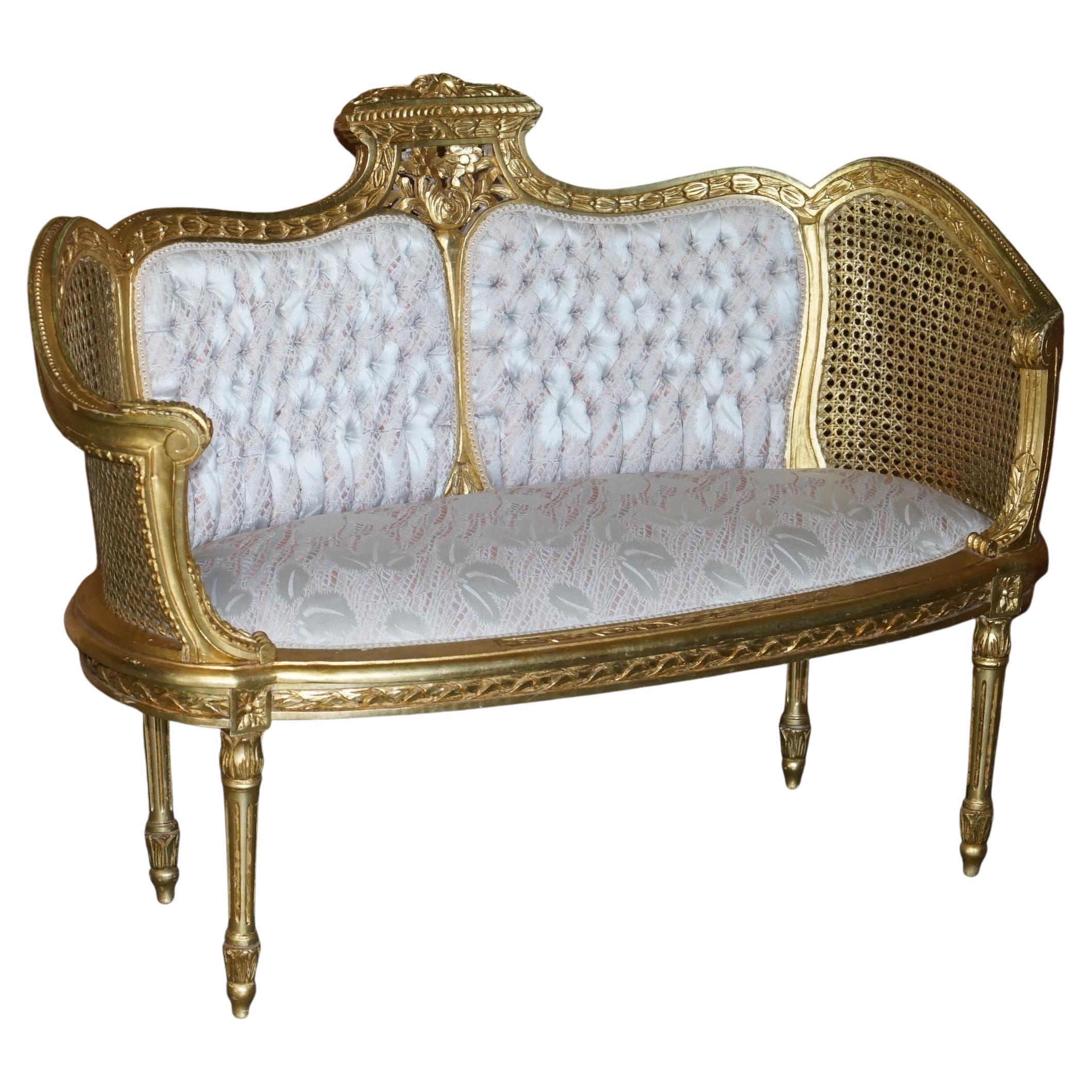 Fine Antique Napoleon III circa 1870 Gold Giltwood Bergere Louis XVI Sofa Settee For Sale