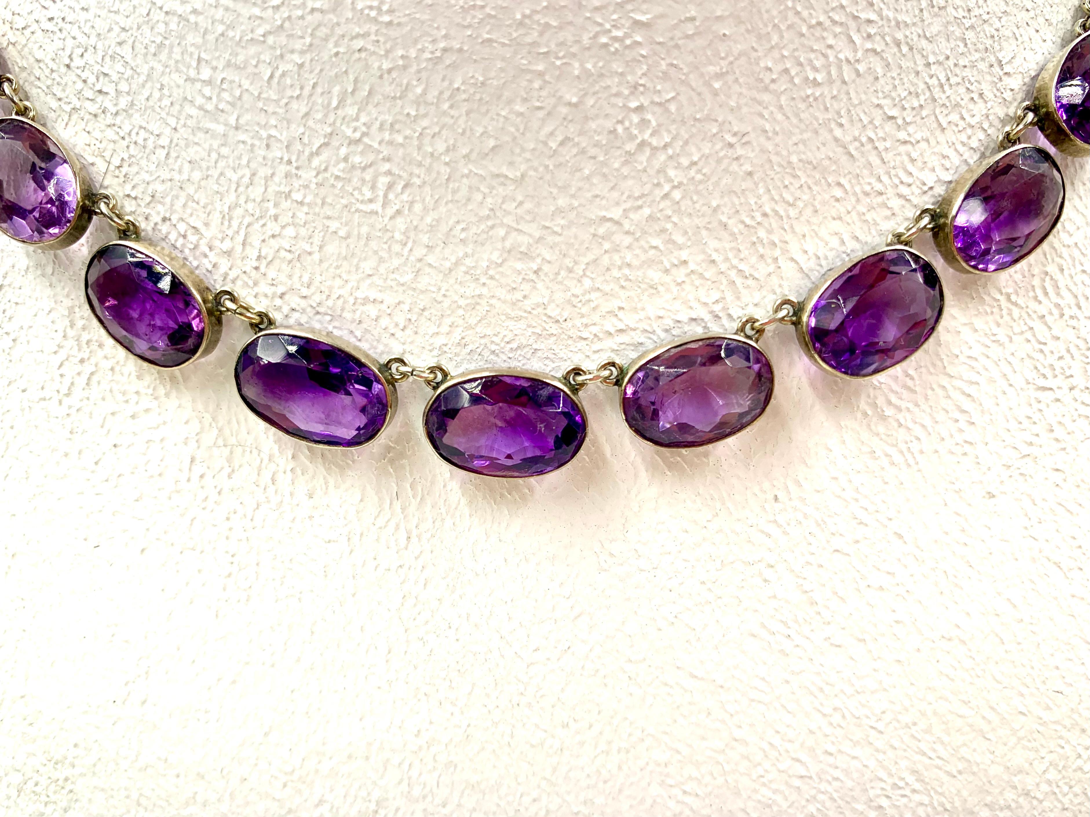 Oval Cut Fine Antique Natural Amethyst and Silver Riviere Necklace, 19th Century For Sale