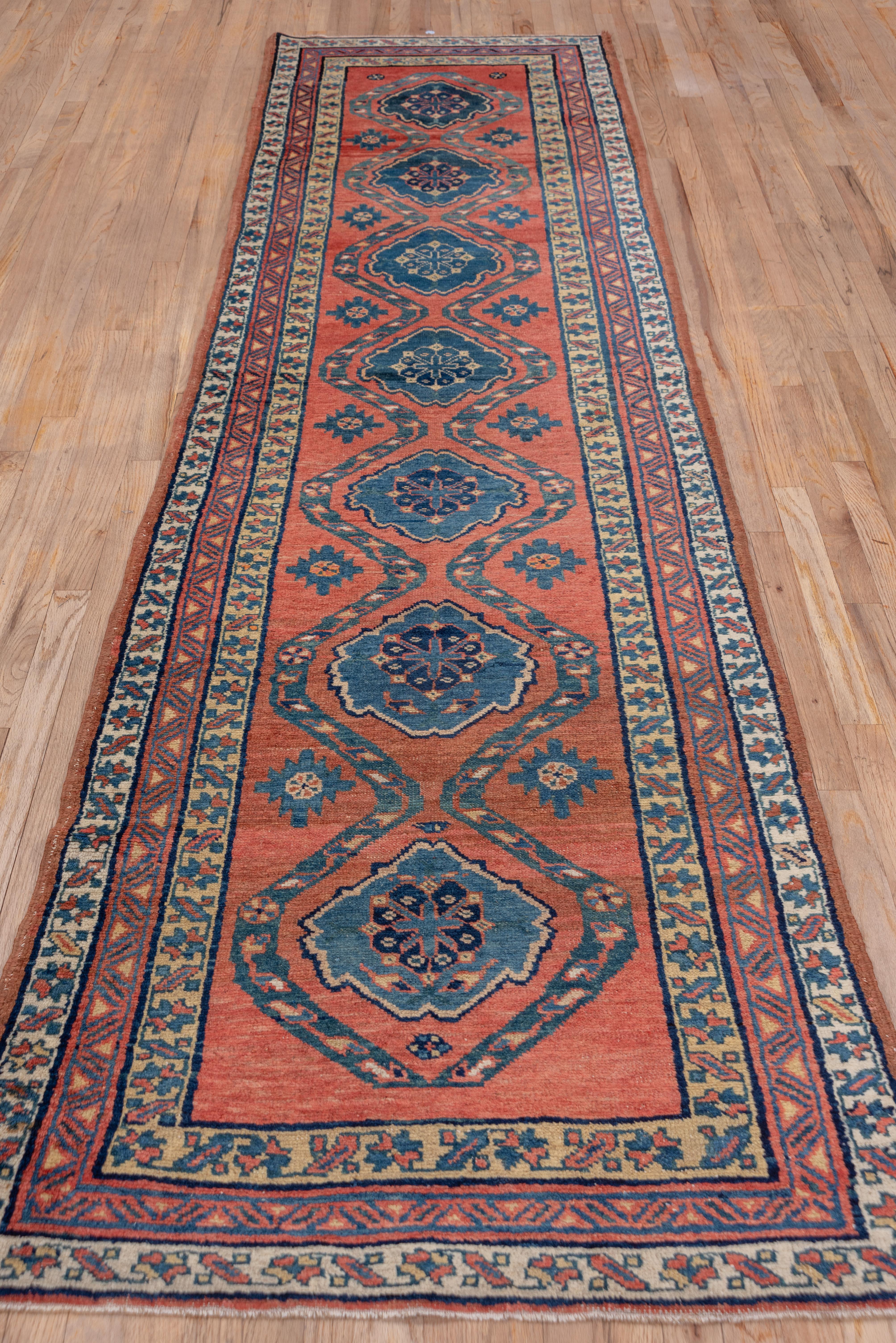 Hand-Knotted Fine Antique Northwest Persian Tribal Runner, Bright Red Field, Blue Accents For Sale