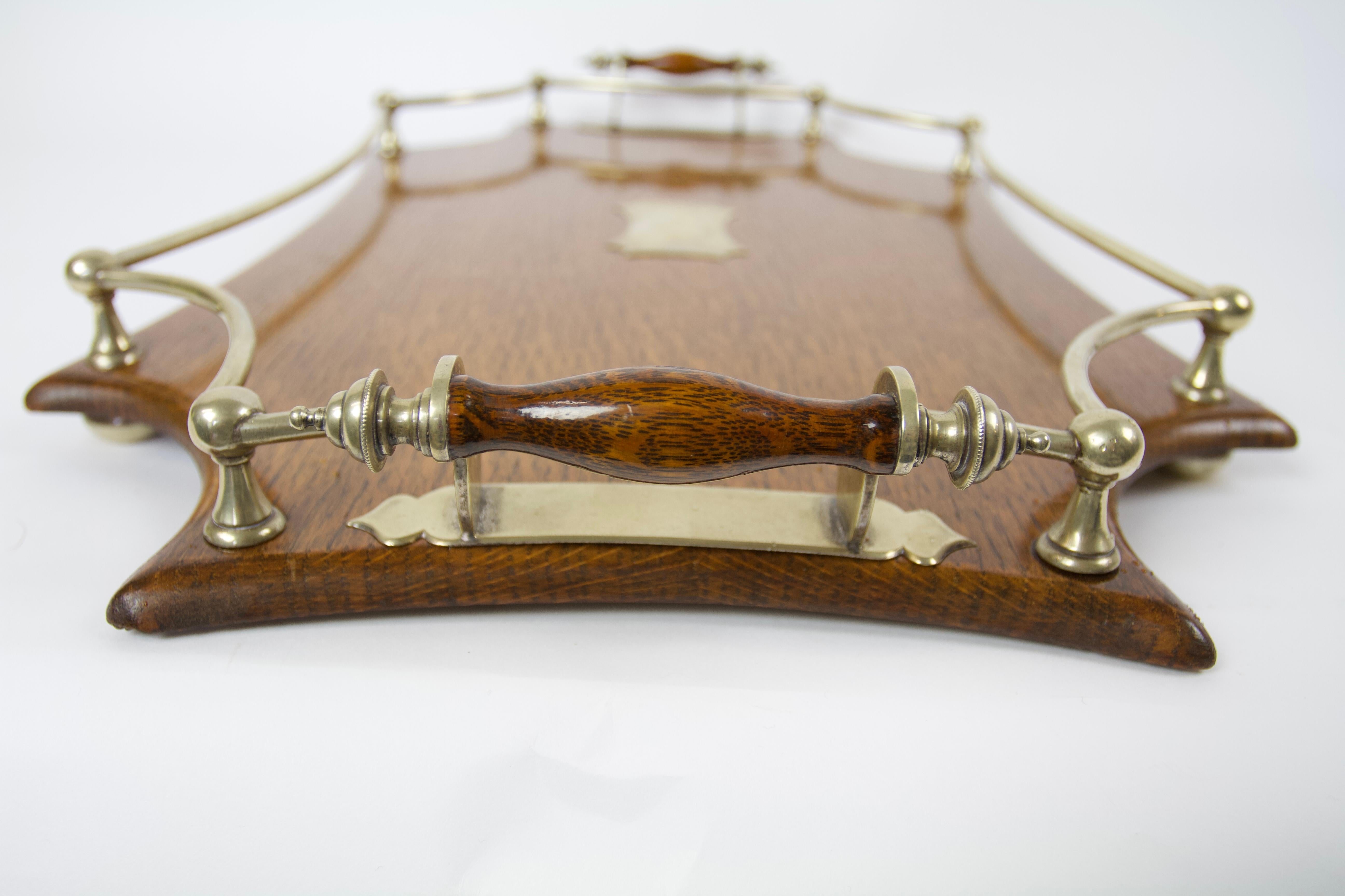 Edwardian Fine Antique Oak & silver plated Gallery Serving Tray For Sale