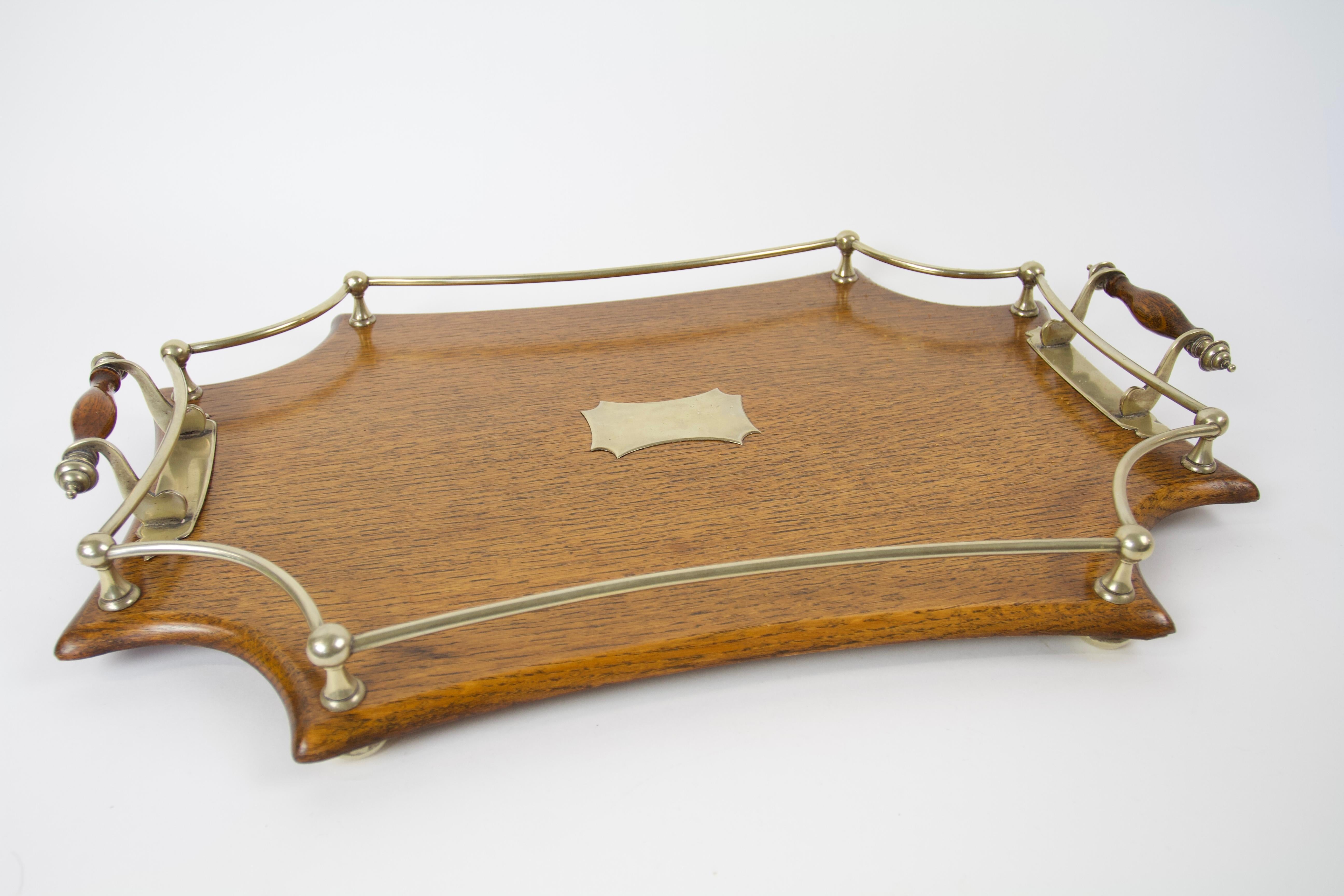 British Fine Antique Oak & silver plated Gallery Serving Tray For Sale