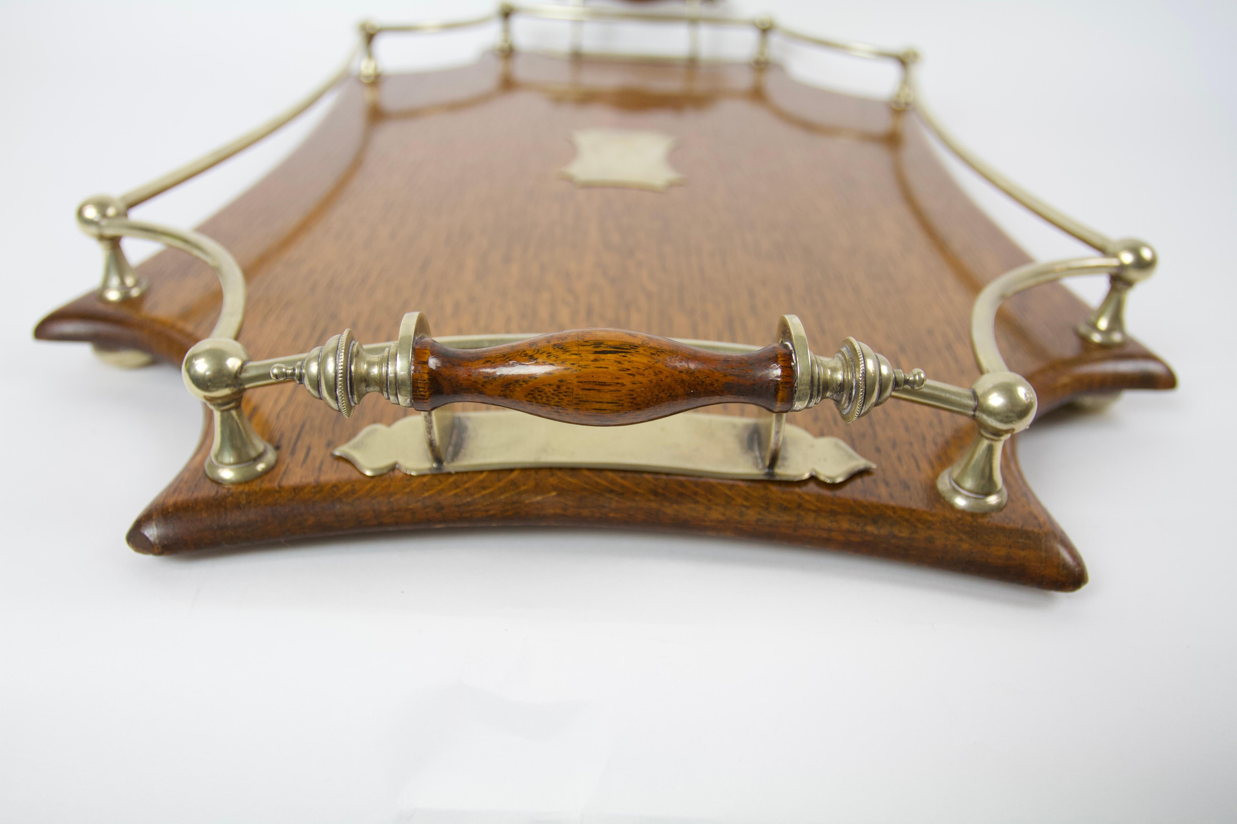 Polished Fine Antique Oak & silver plated Gallery Serving Tray For Sale