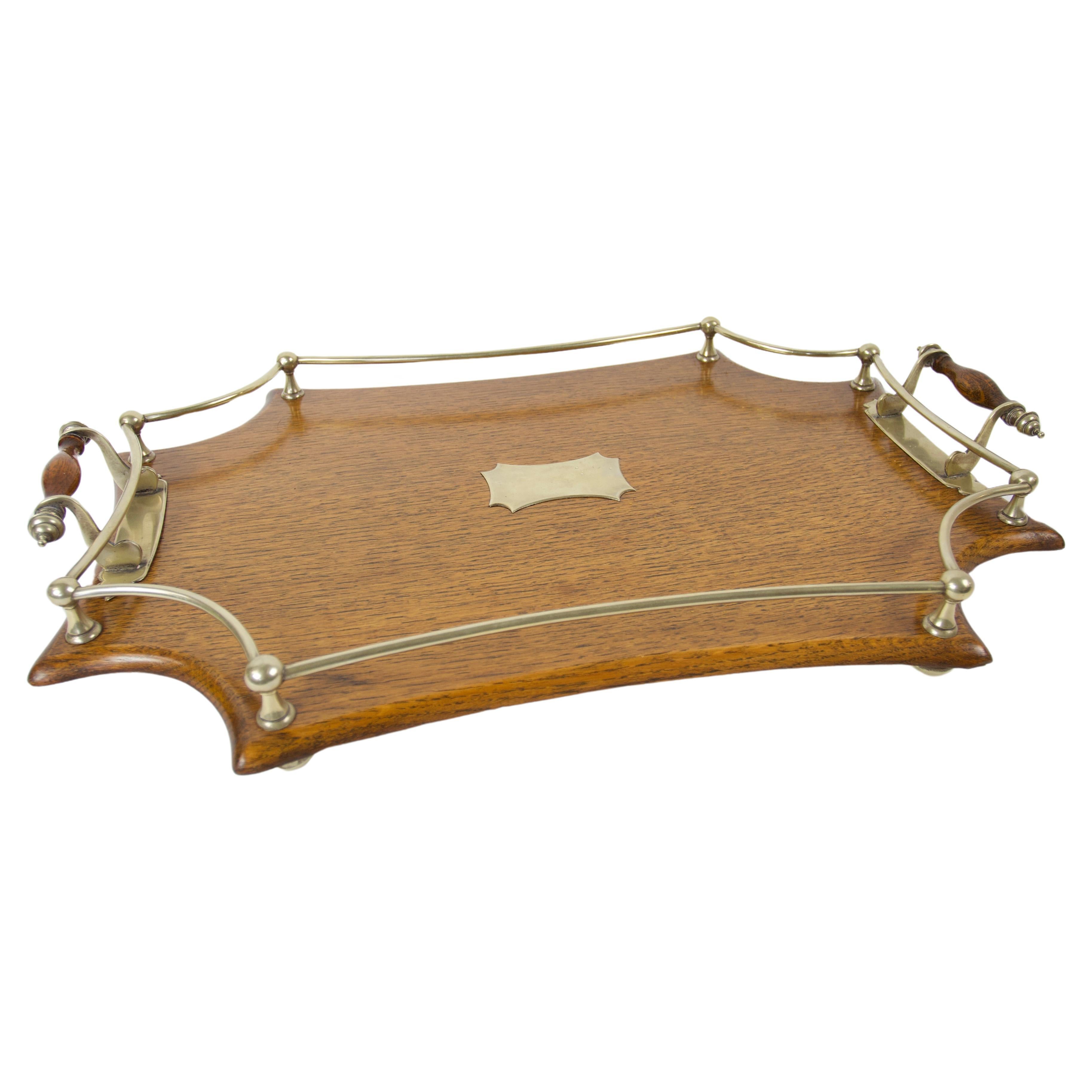 Fine Antique Oak & silver plated Gallery Serving Tray For Sale