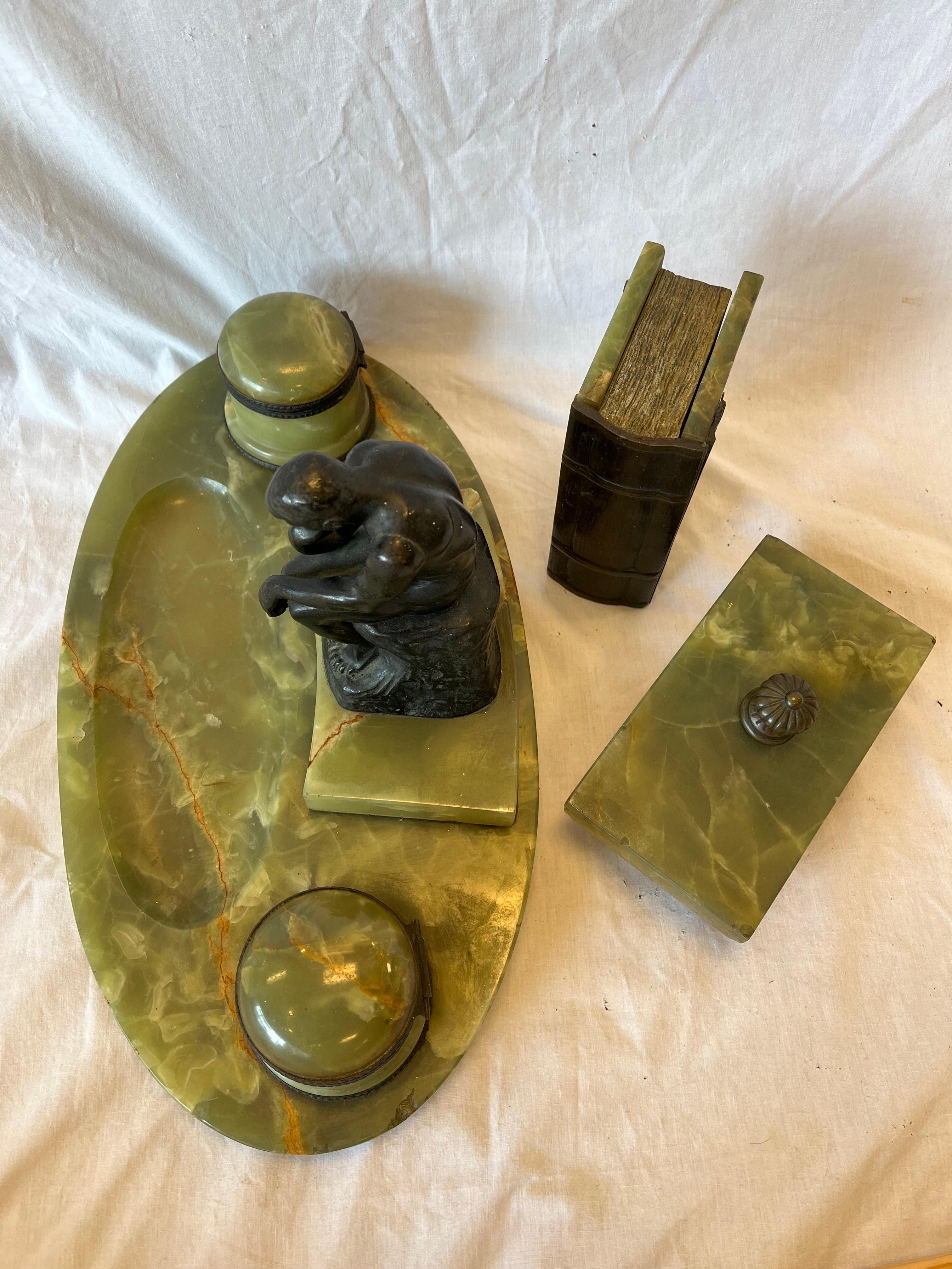 Fine Antique Onyx and Bronze Desk Ink Stand Pen Rest Faux Book and Blotter Set For Sale 4