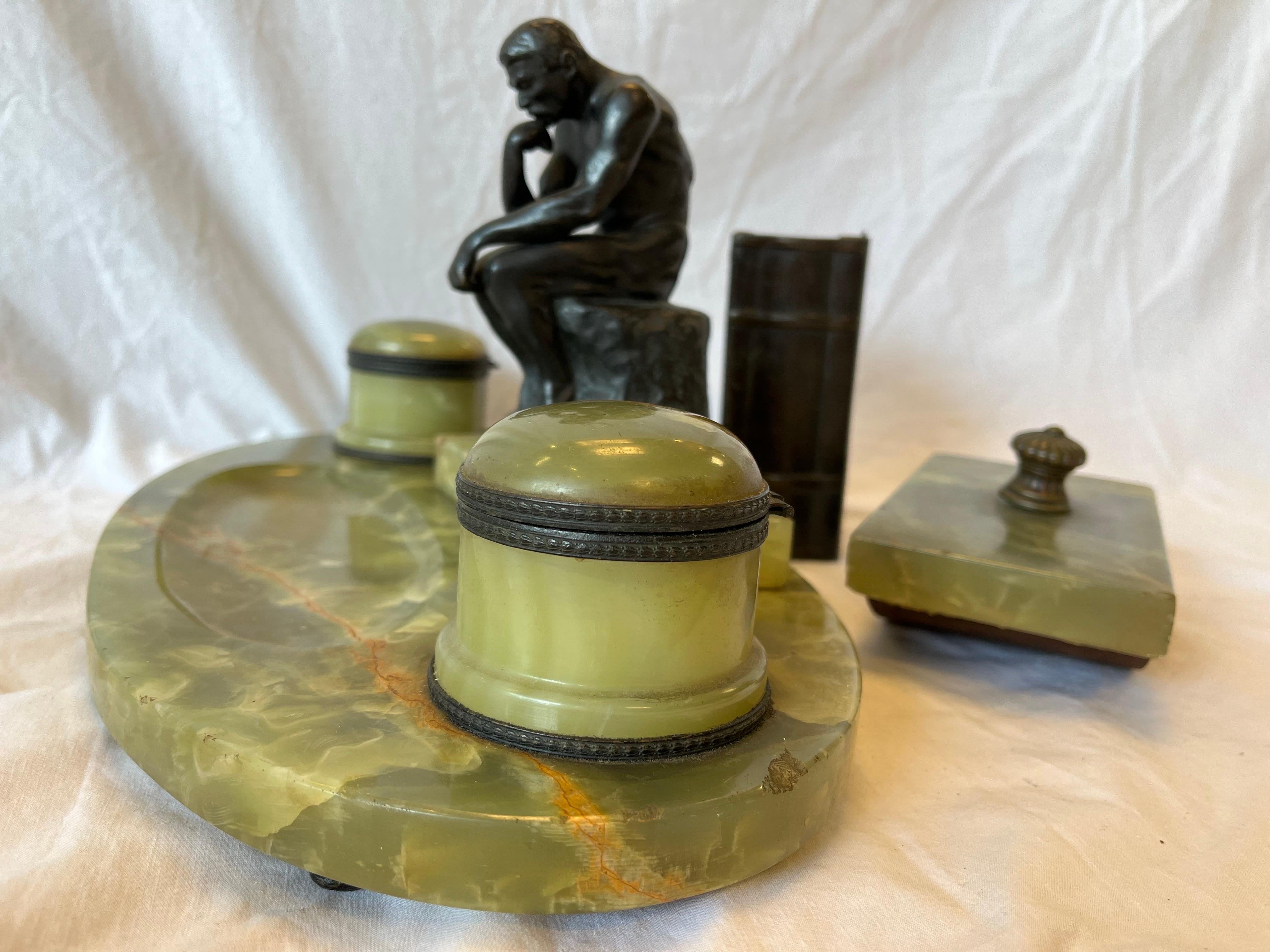 Fine Antique Onyx and Bronze Desk Ink Stand Pen Rest Faux Book and Blotter Set For Sale 5