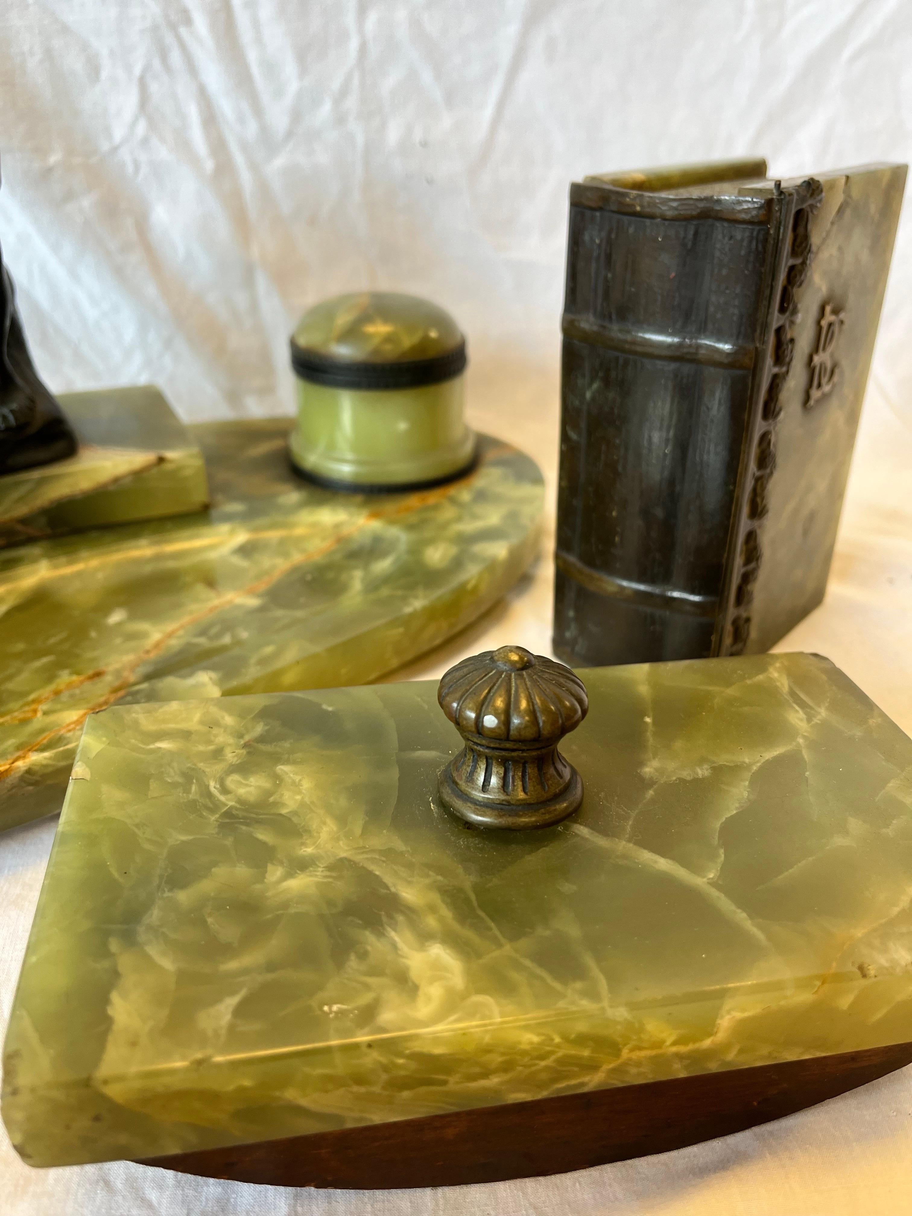 Fine Antique Onyx and Bronze Desk Ink Stand Pen Rest Faux Book and Blotter Set For Sale 8