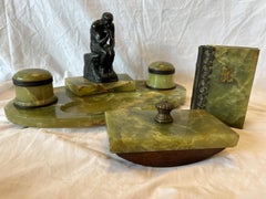Fine Antique Onyx and Bronze Desk Ink Stand Pen Rest Faux Book and Blotter Set