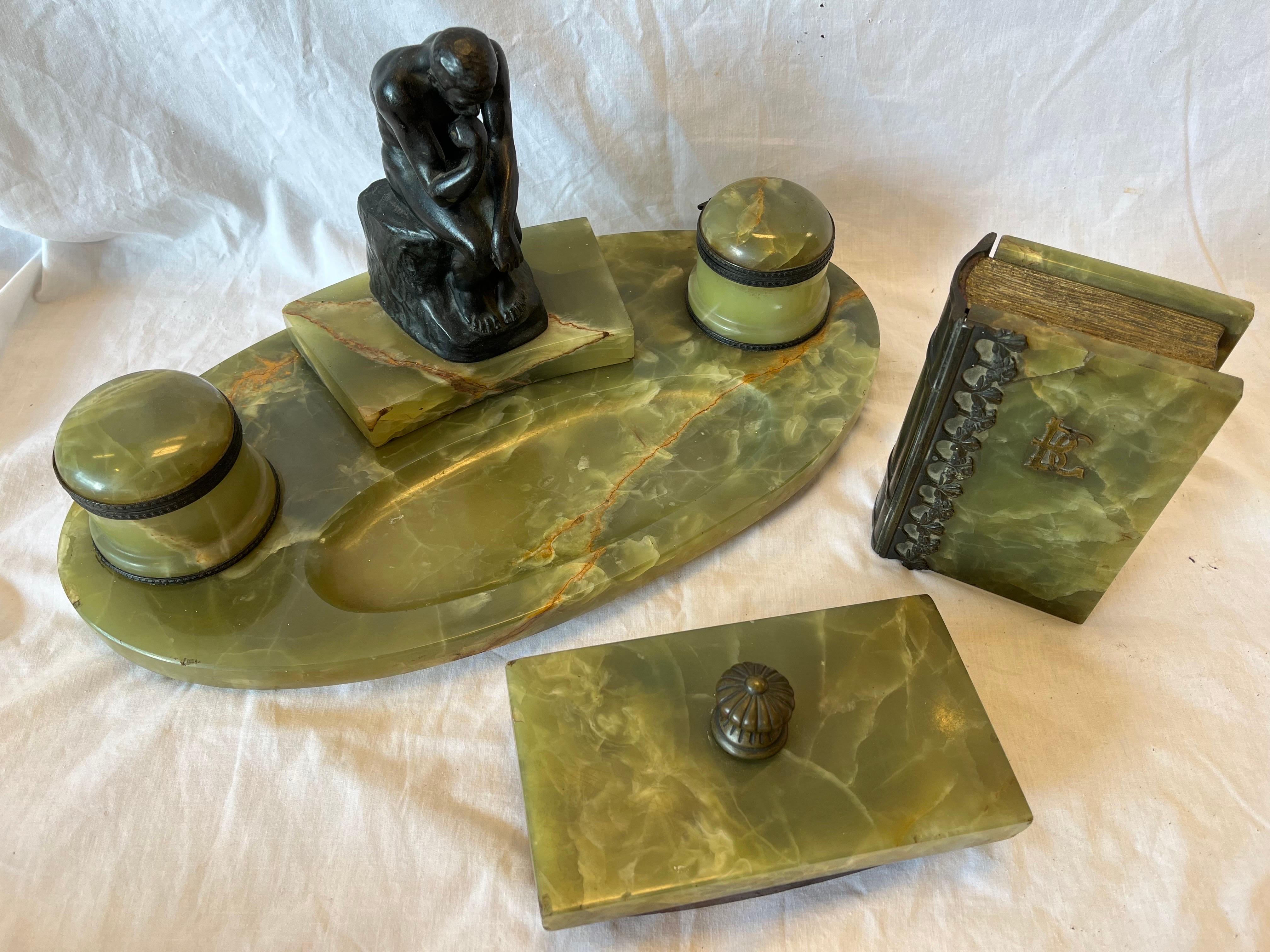 European Fine Antique Onyx and Bronze Desk Ink Stand Pen Rest Faux Book and Blotter Set For Sale