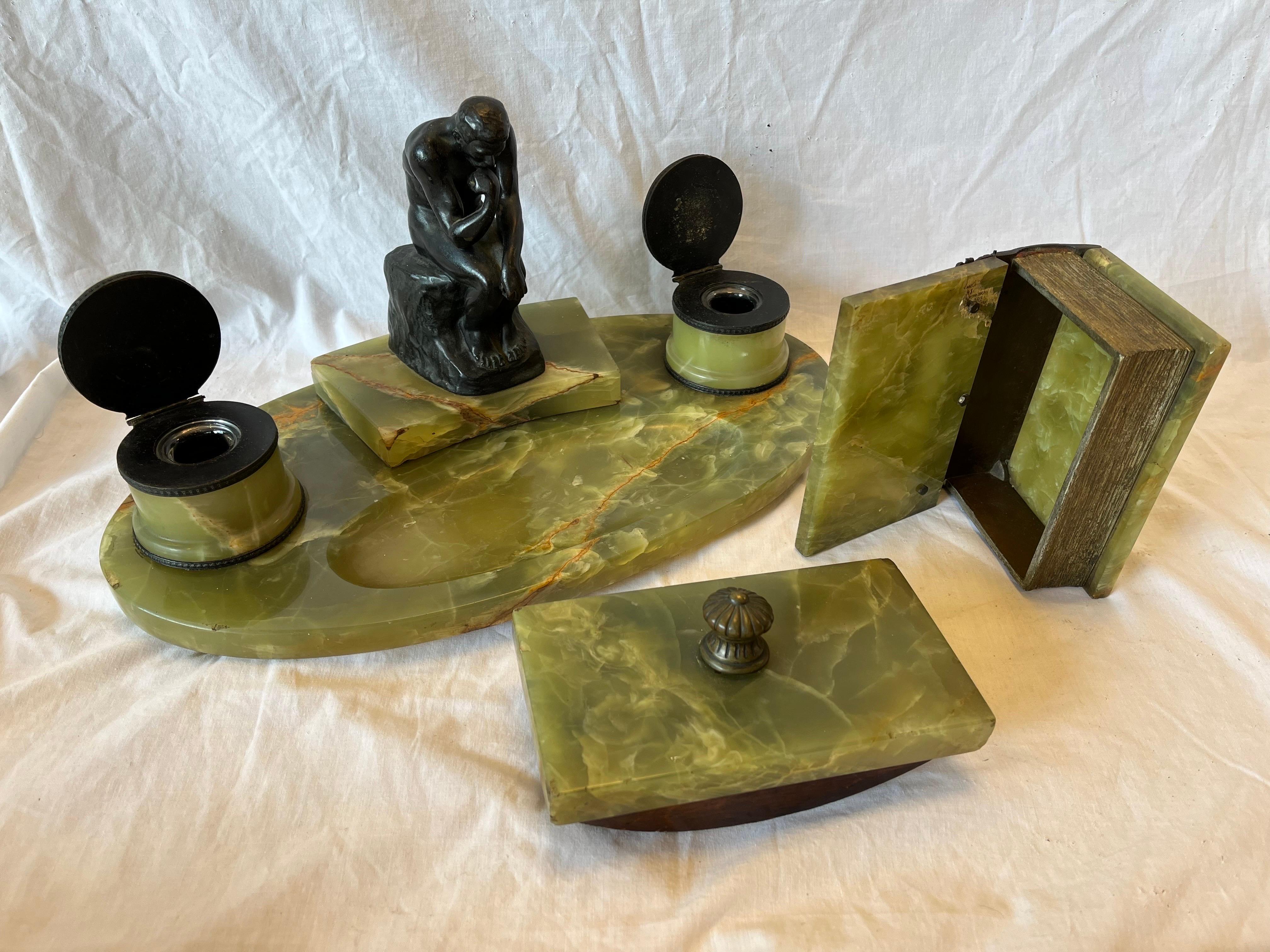 European Fine Antique Onyx and Bronze Desk Ink Stand Pen Rest Faux Book and Blotter Set For Sale