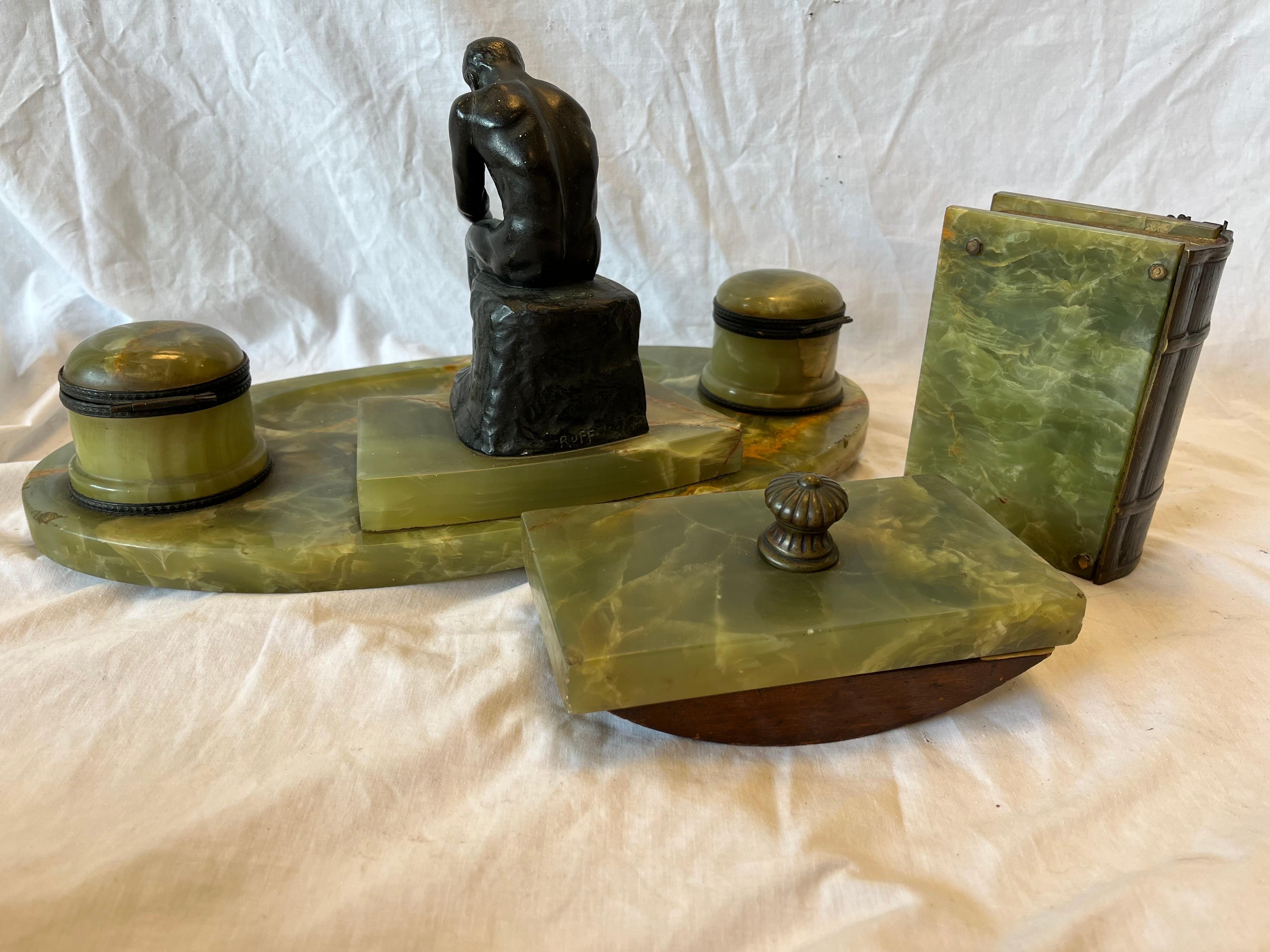 Fine Antique Onyx and Bronze Desk Ink Stand Pen Rest Faux Book and Blotter Set In Fair Condition For Sale In Atlanta, GA