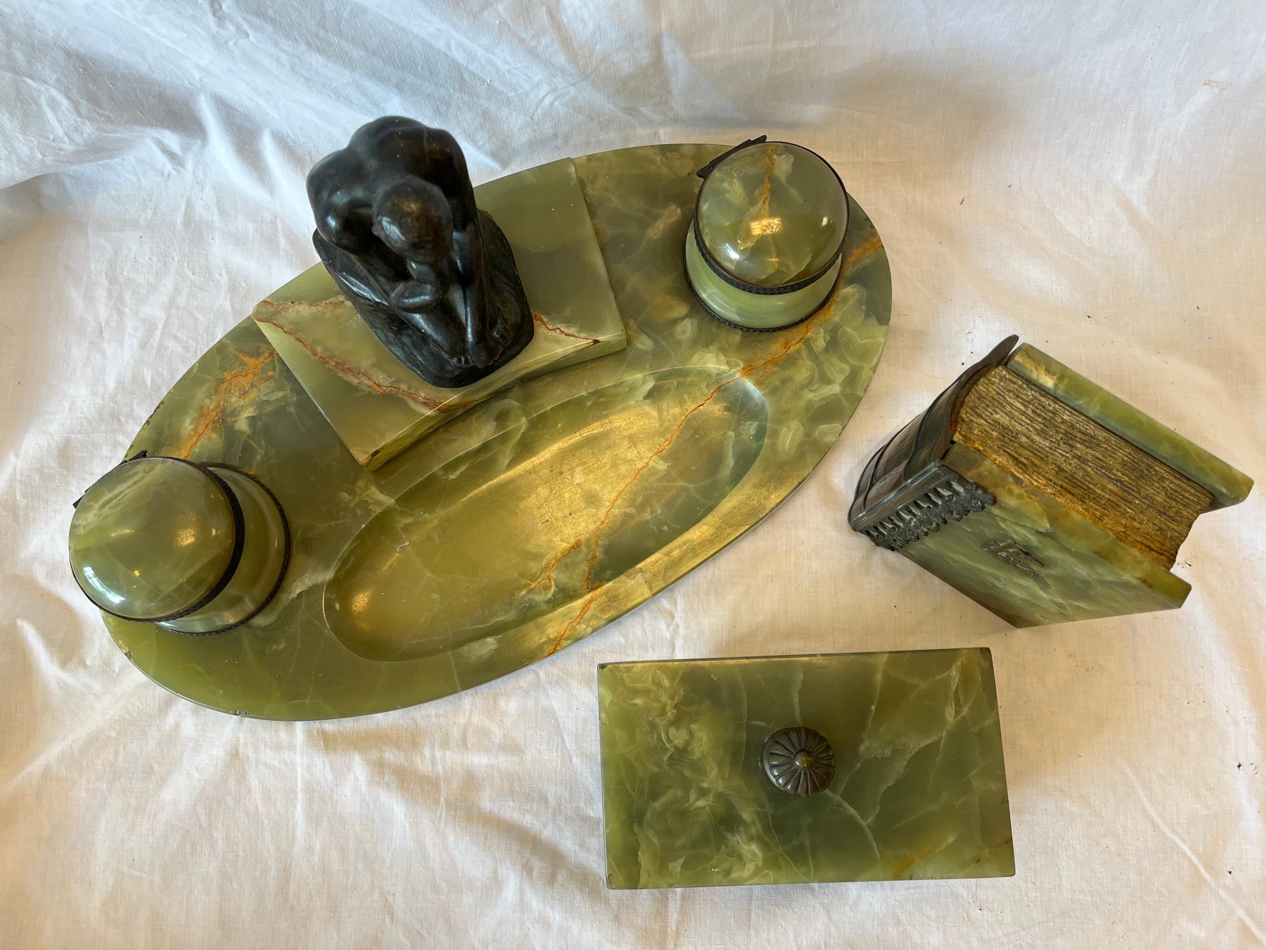 20th Century Fine Antique Onyx and Bronze Desk Ink Stand Pen Rest Faux Book and Blotter Set For Sale