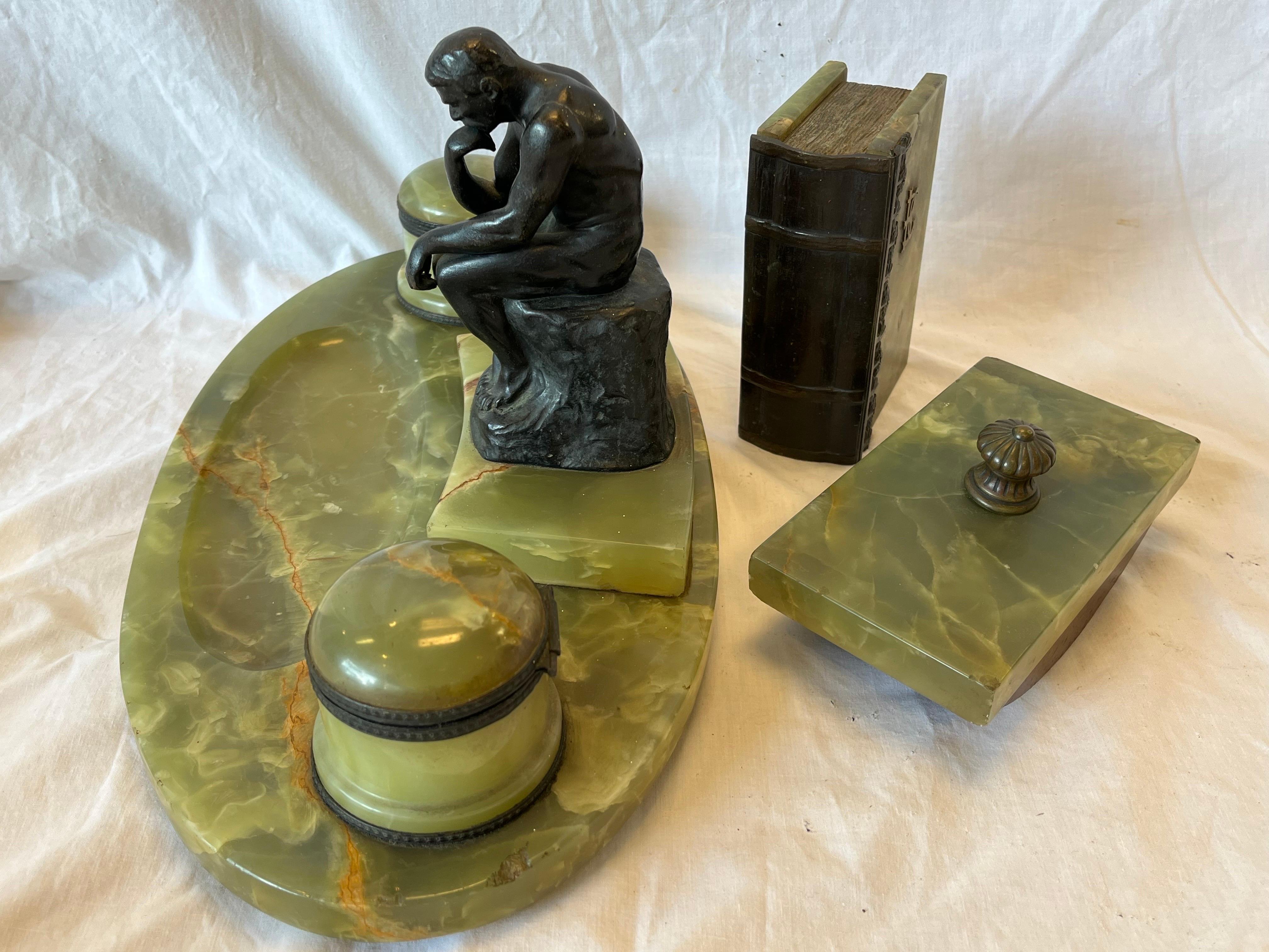 Fine Antique Onyx and Bronze Desk Ink Stand Pen Rest Faux Book and Blotter Set For Sale 2