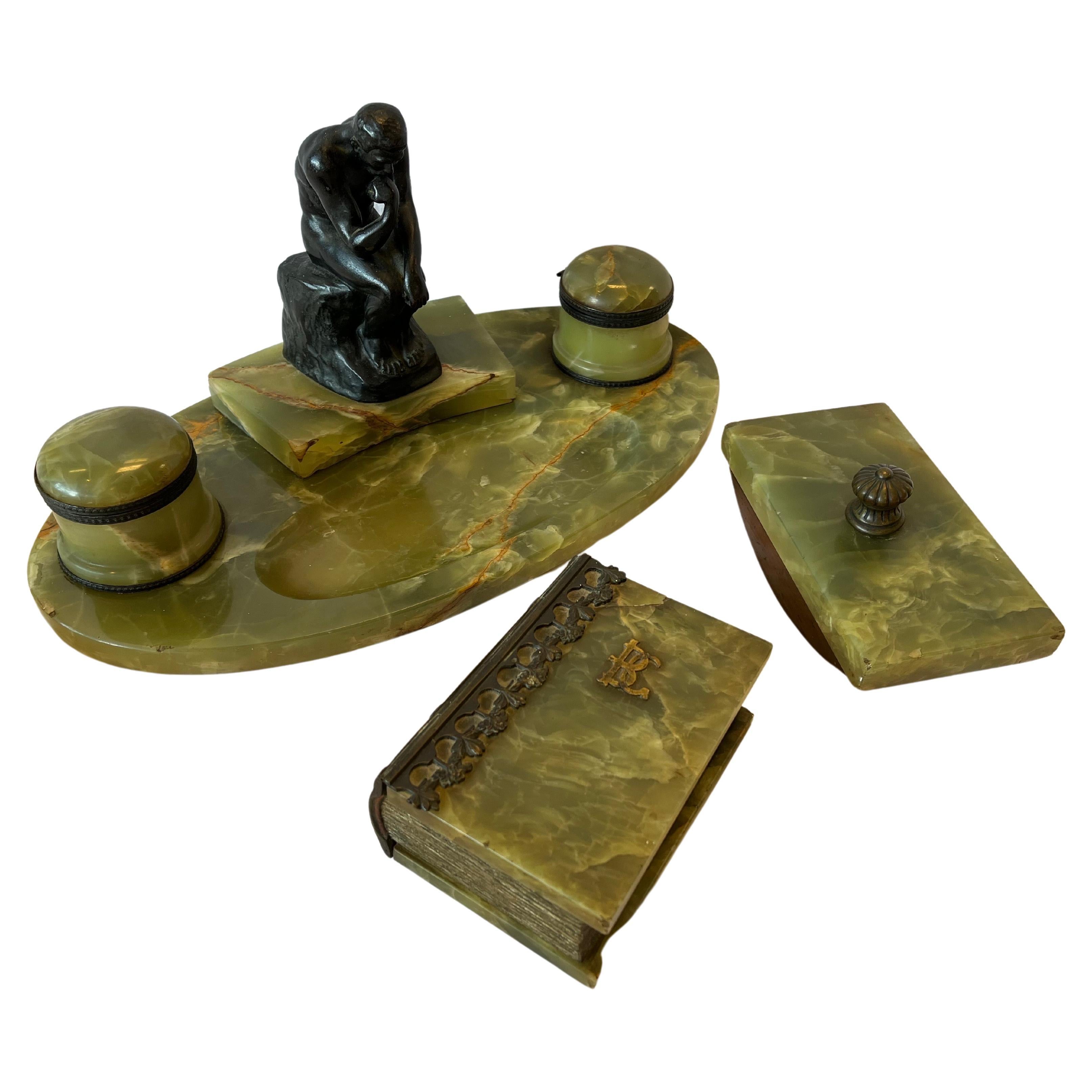 Fine Antique Onyx and Bronze Desk Ink Stand Pen Rest Faux Book and Blotter Set For Sale