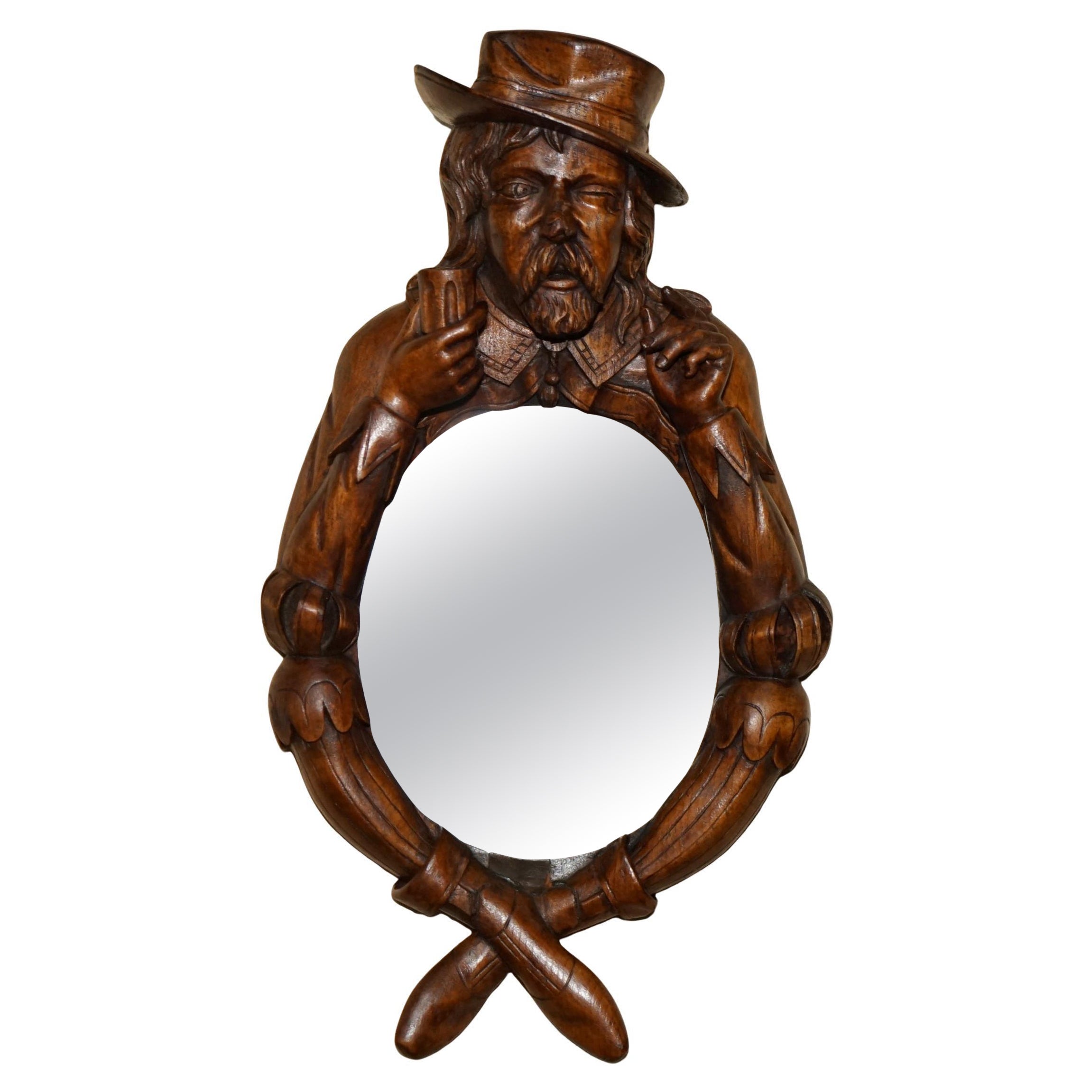 FINE ANTiQUE ORIGINAL BLACK FOREST FOLK ART MIRROR MURAL DU CHAPEAU AVEC UNE ABEILLE SUR LE NEZ en vente