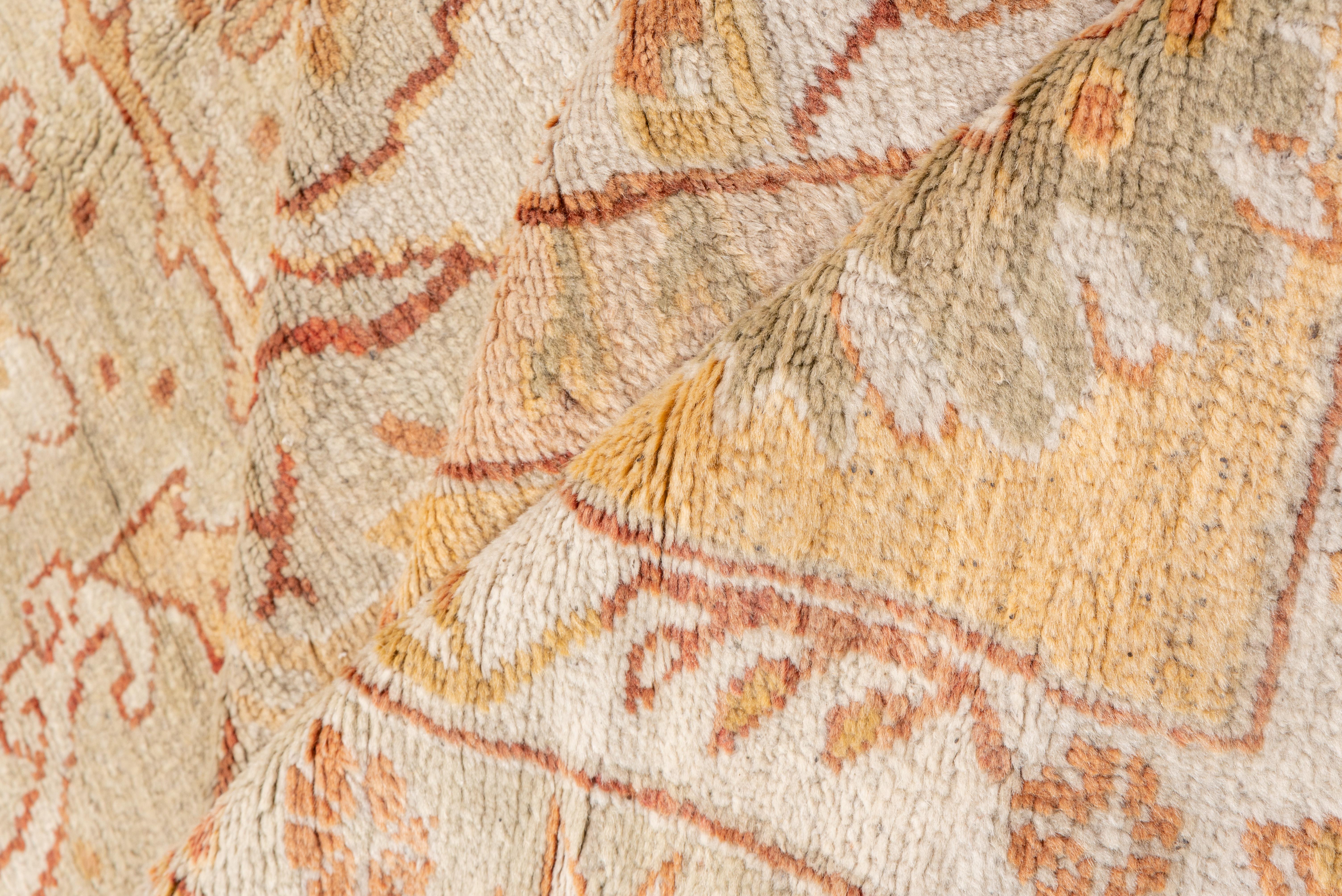 Turkish Fine Antique Oushak Carpet, Seafoam Allover Field, Gold Borders, Orange Accents For Sale