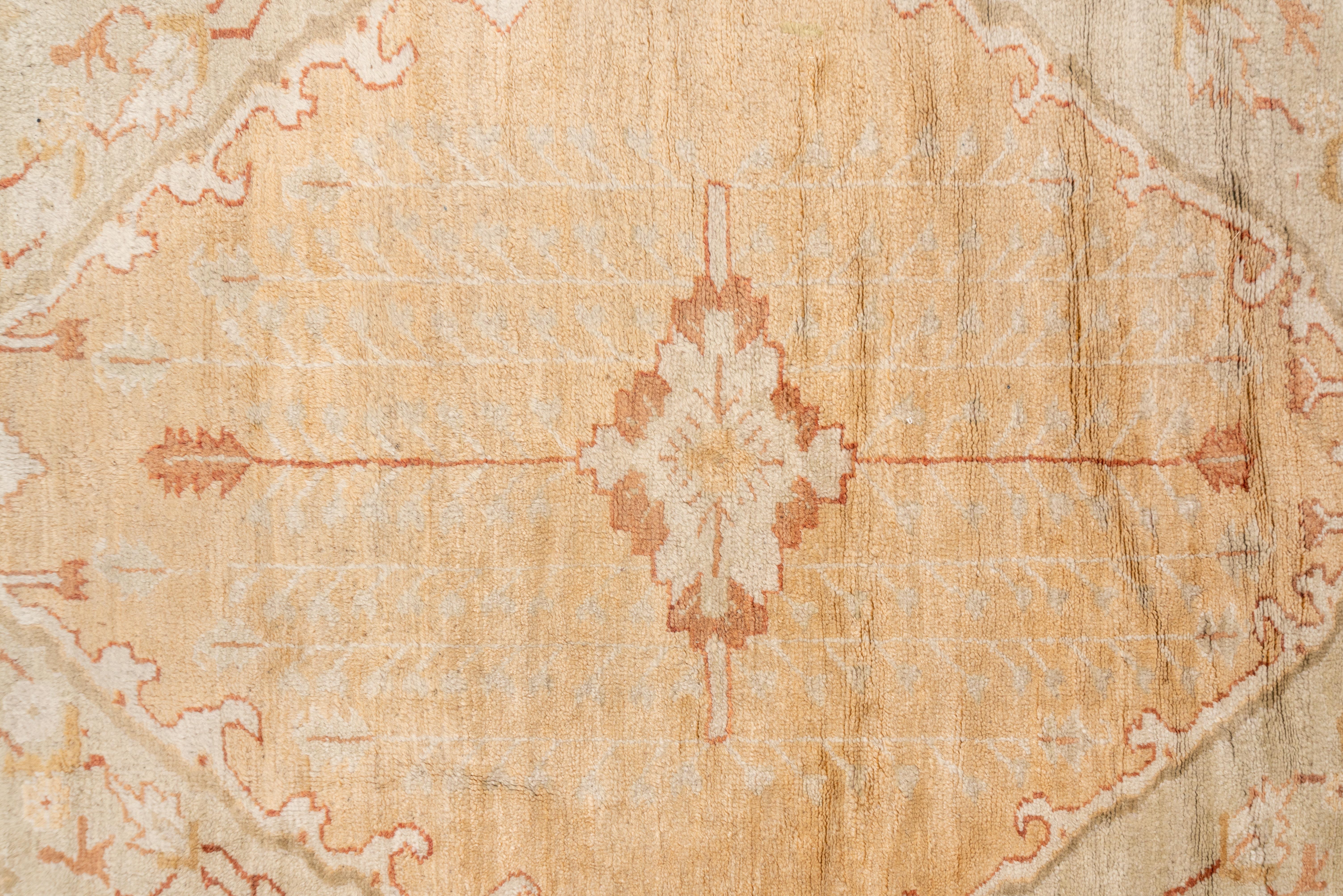 Fine Antique Oushak Carpet, Seafoam Allover Field, Gold Borders, Orange Accents In Good Condition For Sale In New York, NY