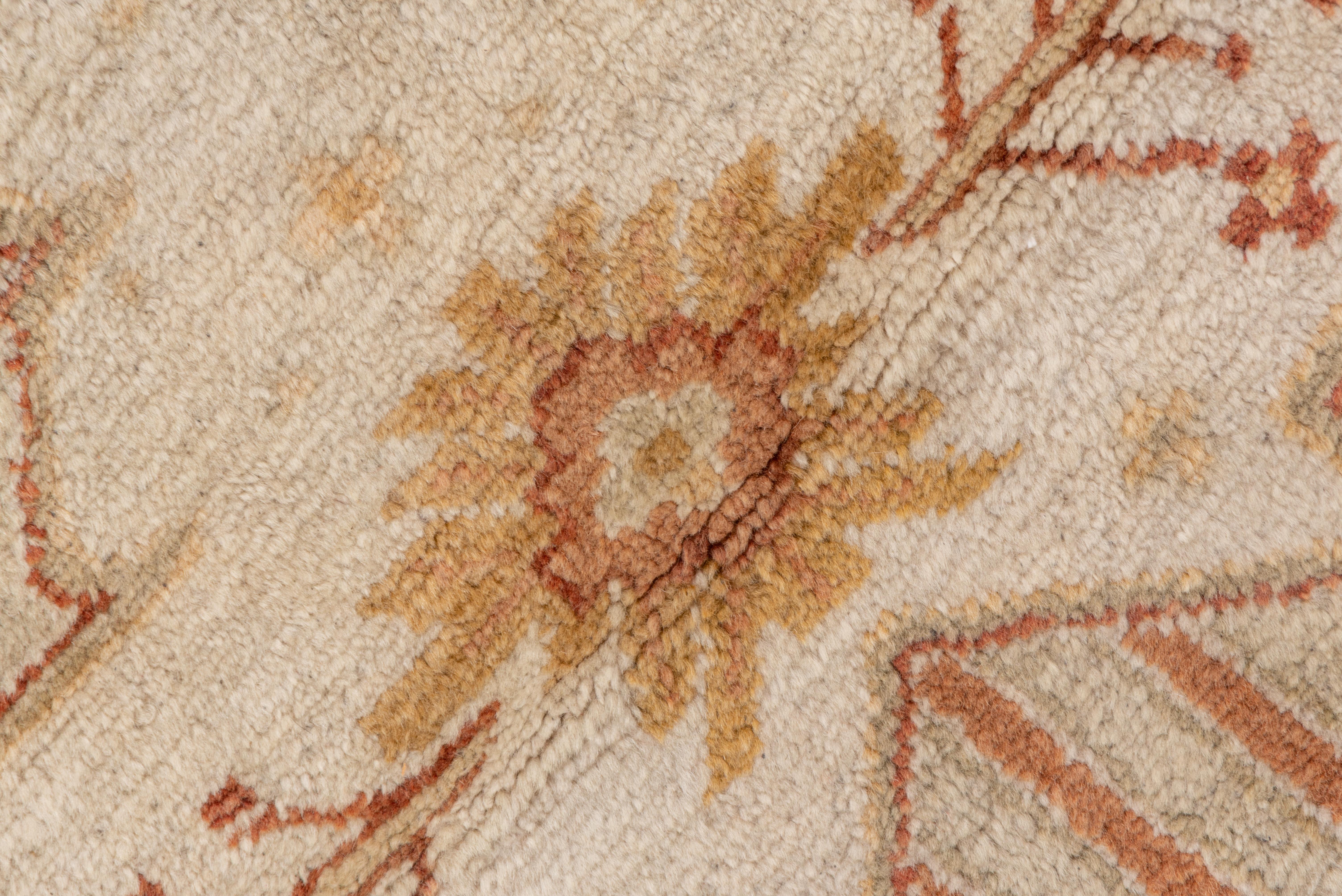 Early 20th Century Fine Antique Oushak Carpet, Seafoam Allover Field, Gold Borders, Orange Accents For Sale