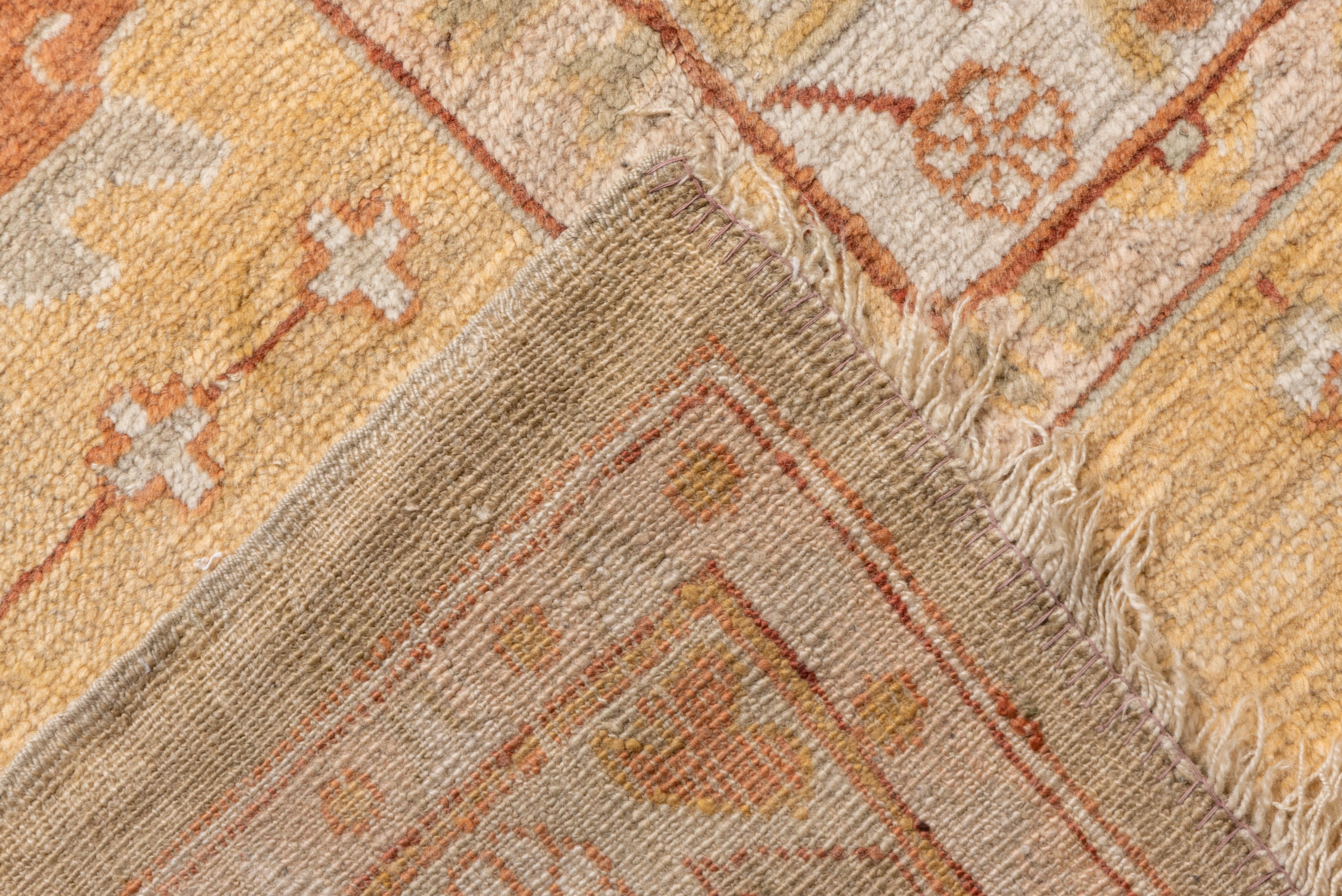Wool Fine Antique Oushak Carpet, Seafoam Allover Field, Gold Borders, Orange Accents For Sale