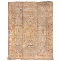Fine Antique Oushak Carpet, Seafoam Allover Field, Gold Borders, Orange Accents