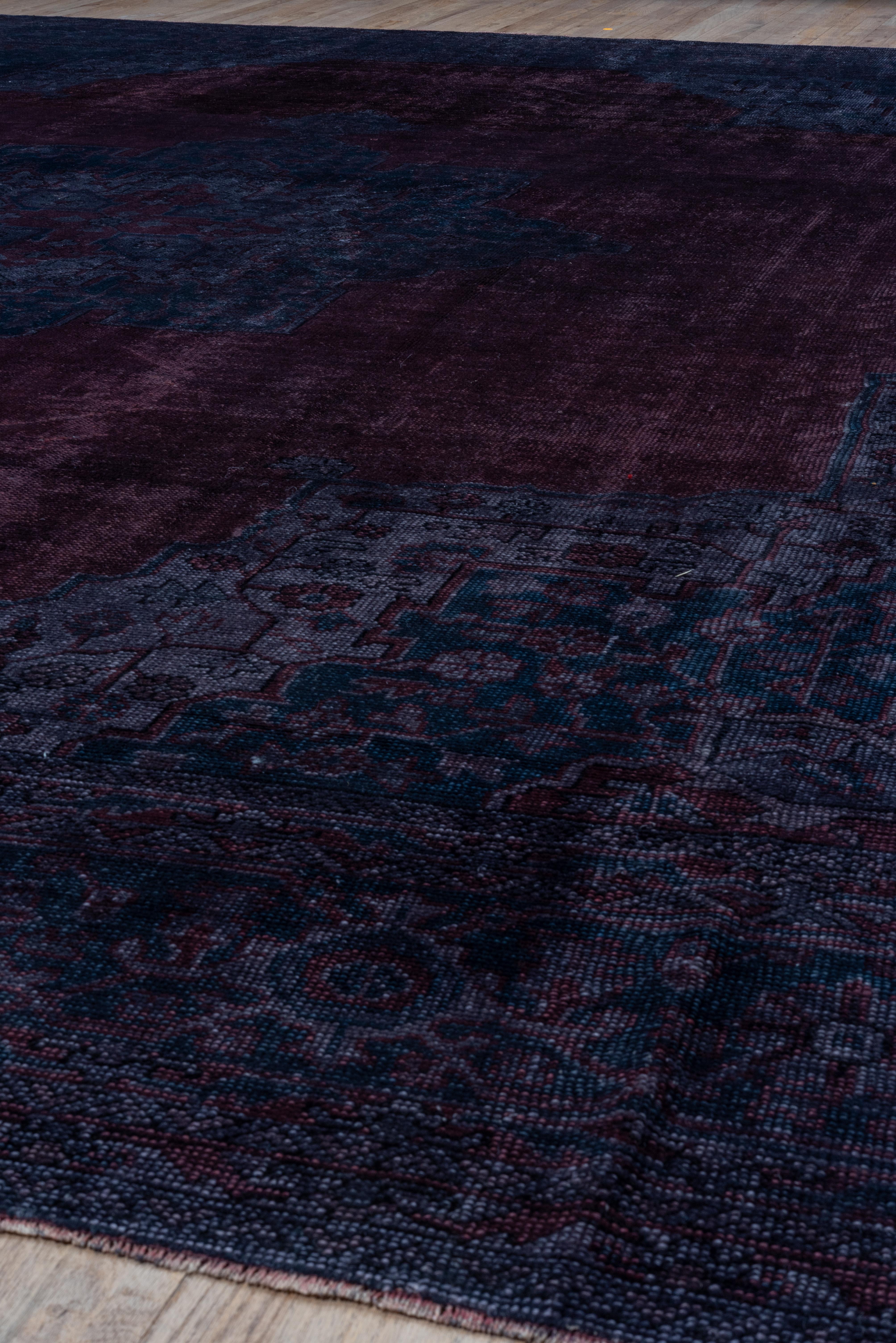 Turkish Fine Antique Oushak Rug, Ruby Red Field, Navy and Purple Outer Field and Borders