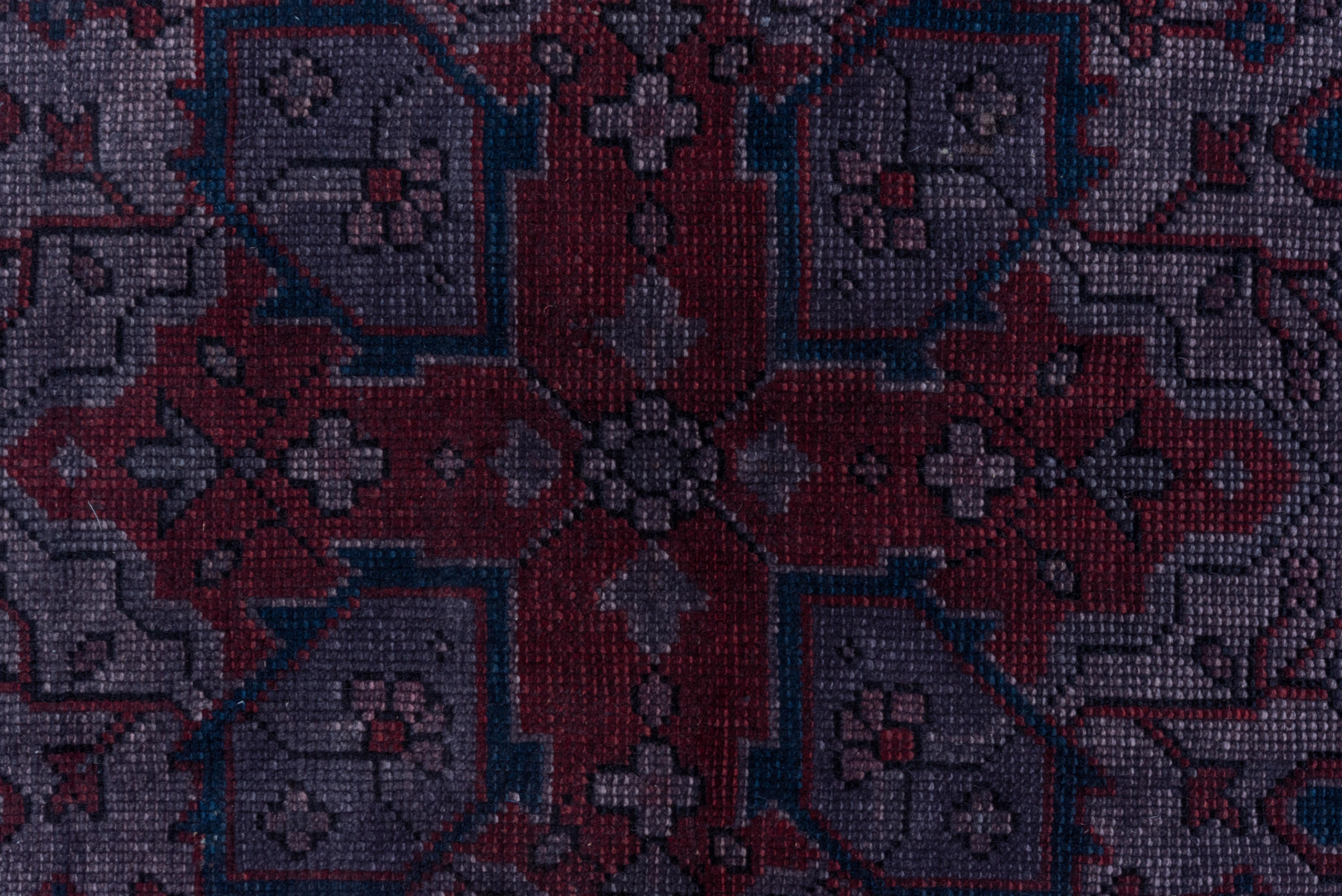 Hand-Knotted Fine Antique Oushak Rug, Ruby Red Field, Navy and Purple Outer Field and Borders