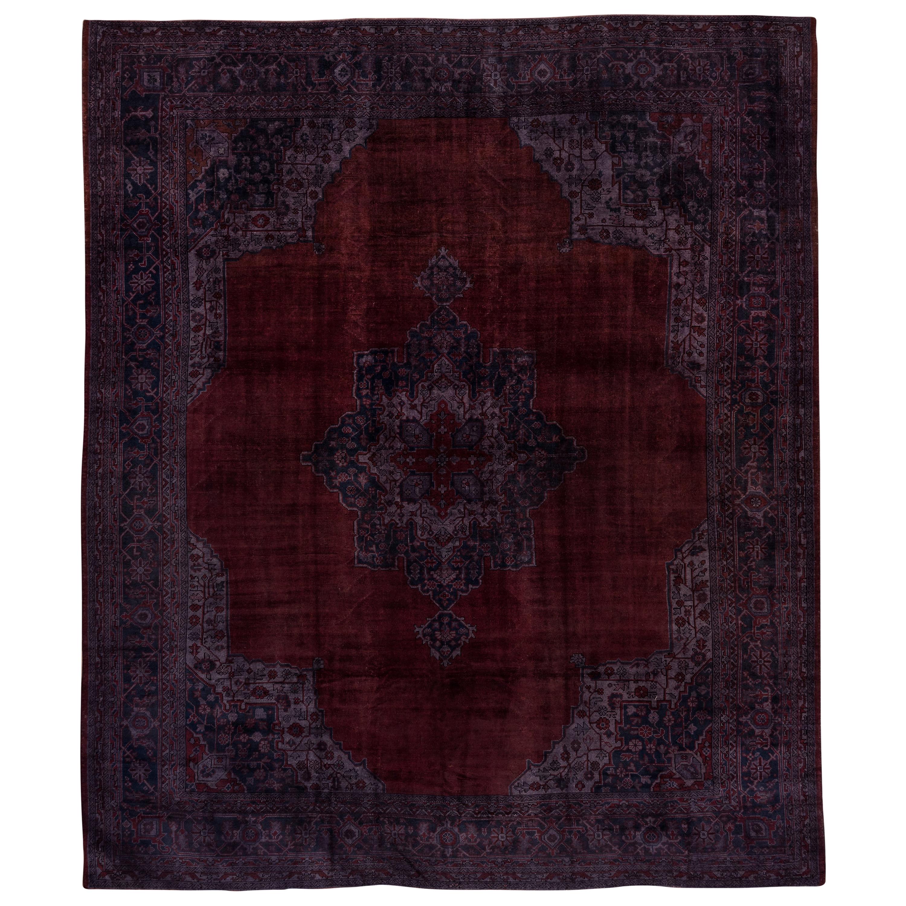 Fine Antique Oushak Rug, Ruby Red Field, Navy and Purple Outer Field and Borders