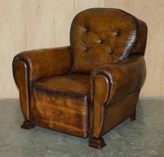 FINE ANTIQUE PAIR OF ART DECO FULLY RESTORED CIGAR BROWN LEATHER CLUB ARMCHAIRs
