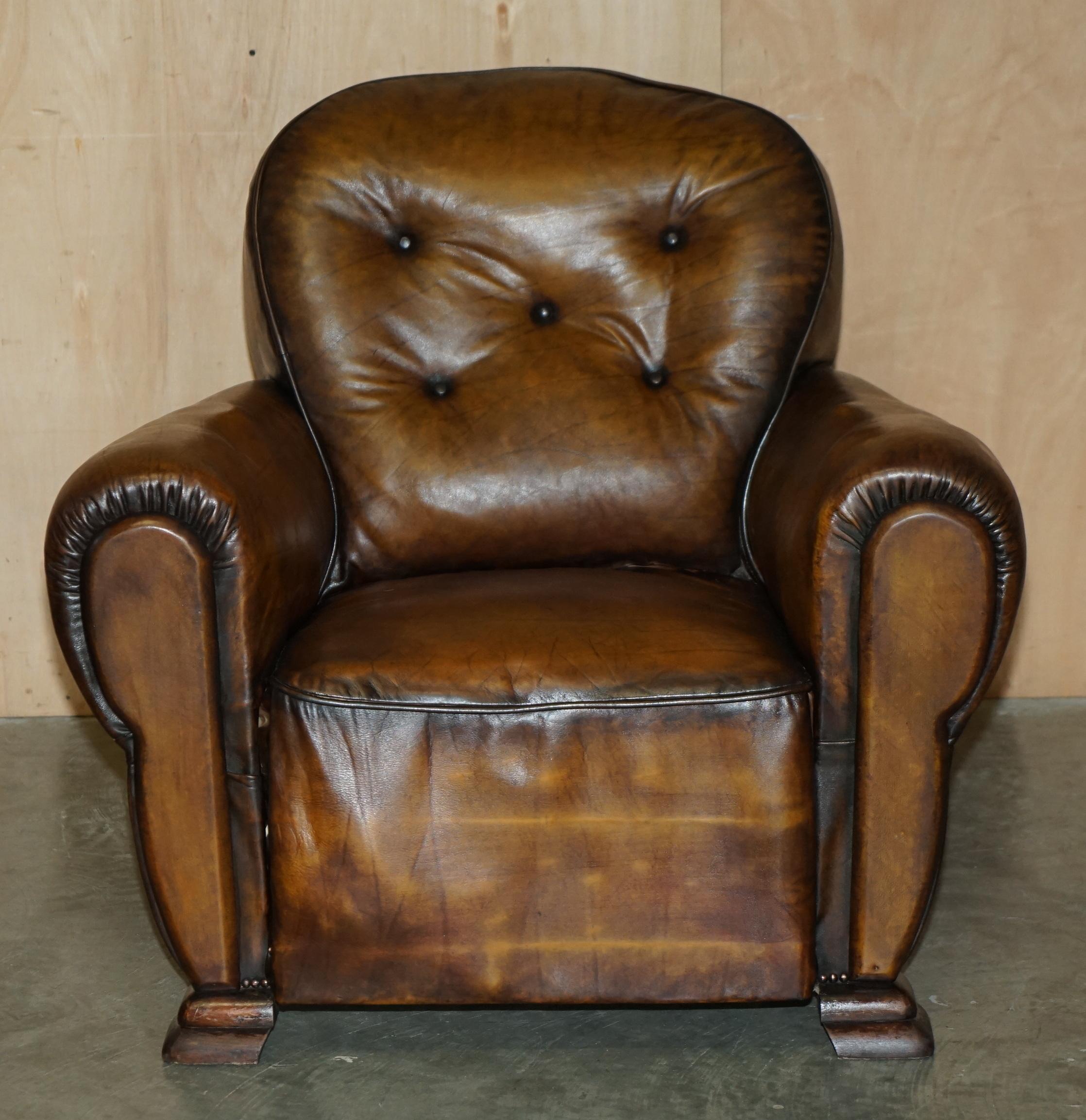 Art Deco FINE ANTIQUE PAIR OF ART DECO FULLY RESTORED CIGAR BROWN LEATHER CLUB ARMCHAIRs For Sale