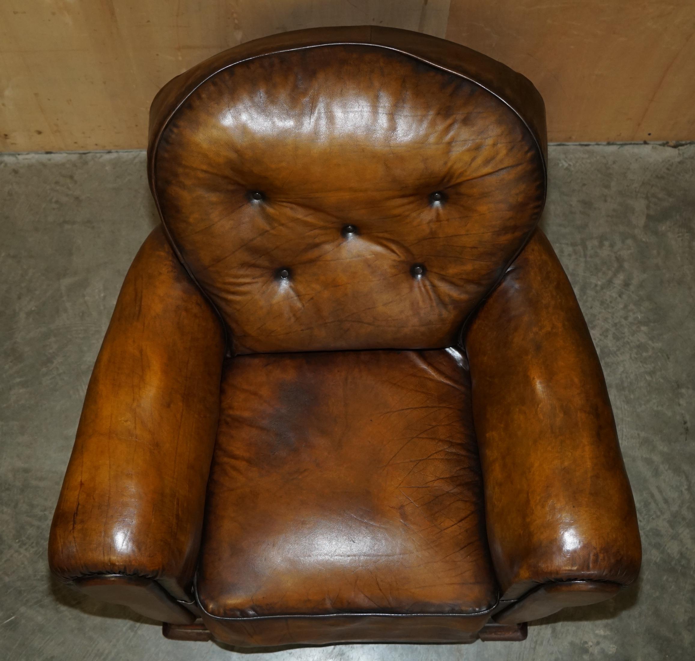 Hand-Crafted FINE ANTIQUE PAIR OF ART DECO FULLY RESTORED CIGAR BROWN LEATHER CLUB ARMCHAIRs For Sale