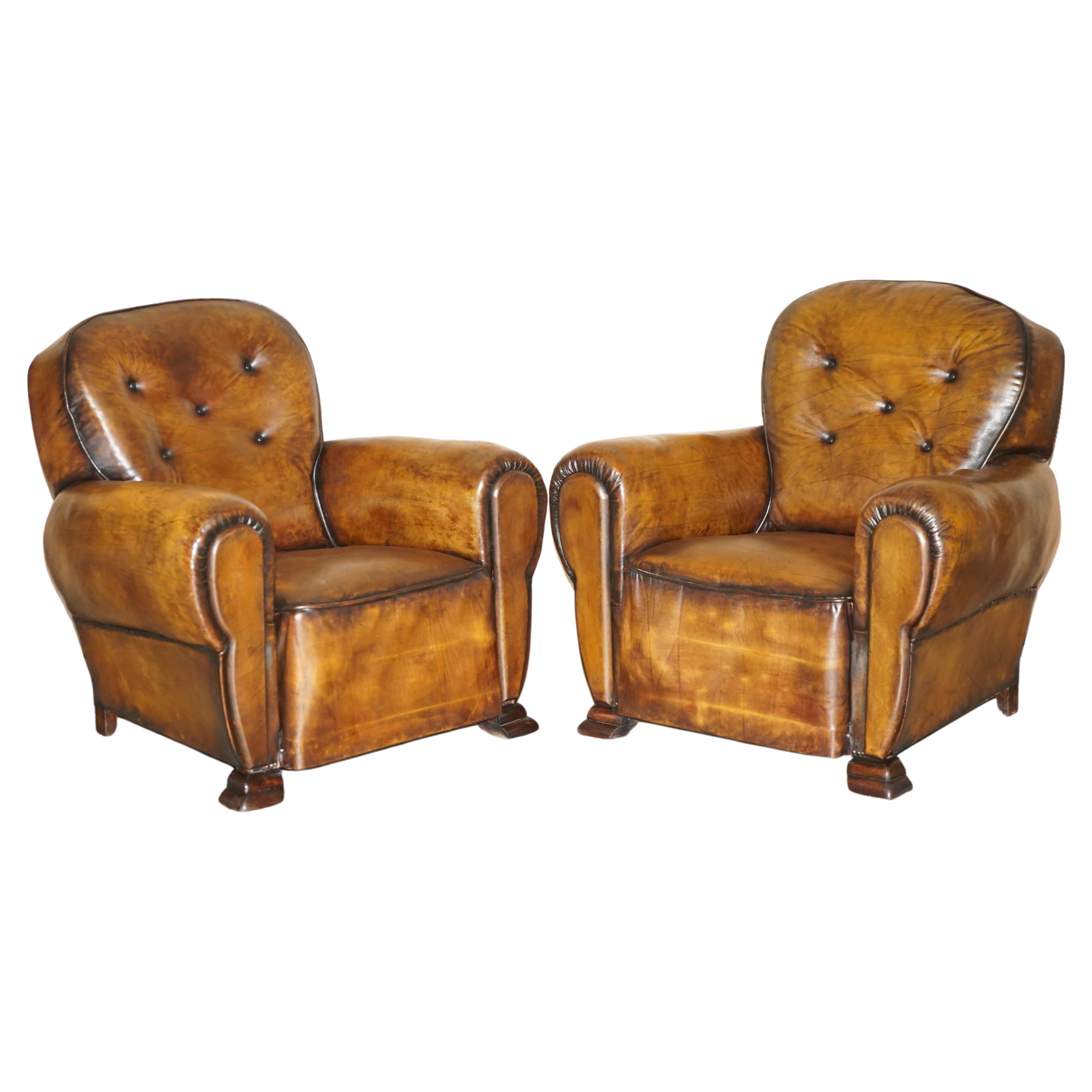 FINE ANTIQUE PAIR OF ART DECO FULLY RESTORED CIGAR BROWN LEATHER CLUB ARMCHAIRs