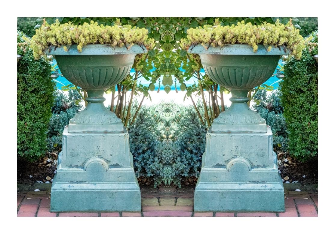 Paire d'urnes de jardin en fonte peinte sur socle en vente 8