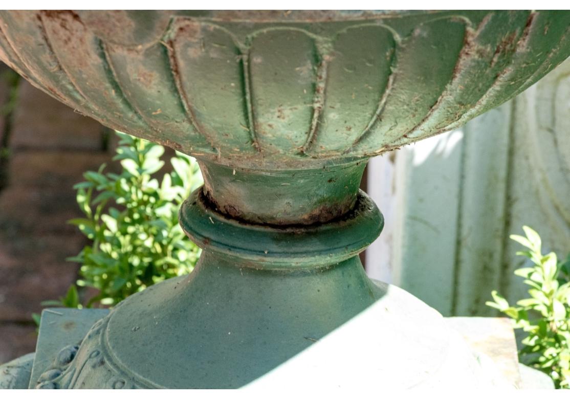 Une paire discrète et exceptionnelle d'urnes de jardin antiques dans leur peinture verte usée d'origine. En deux parties, l'urne à pied avec des bords décorés de feuillages et des corps inférieurs décorés de godrons repose sur des bases à gradins