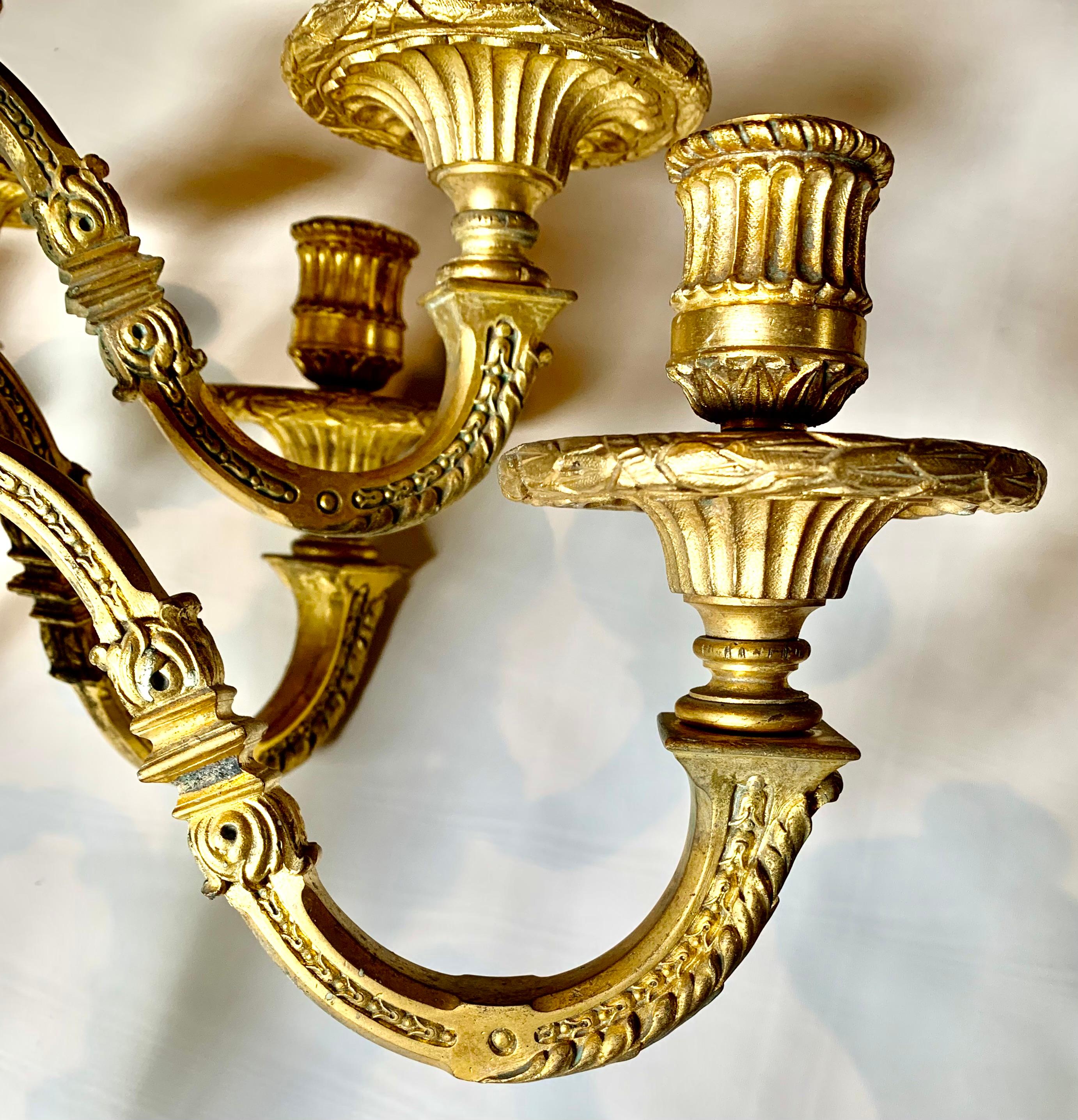 Fine Antique Pair Palace Size Dore Bronze Loius XVI Style Five Light Sconces For Sale 4