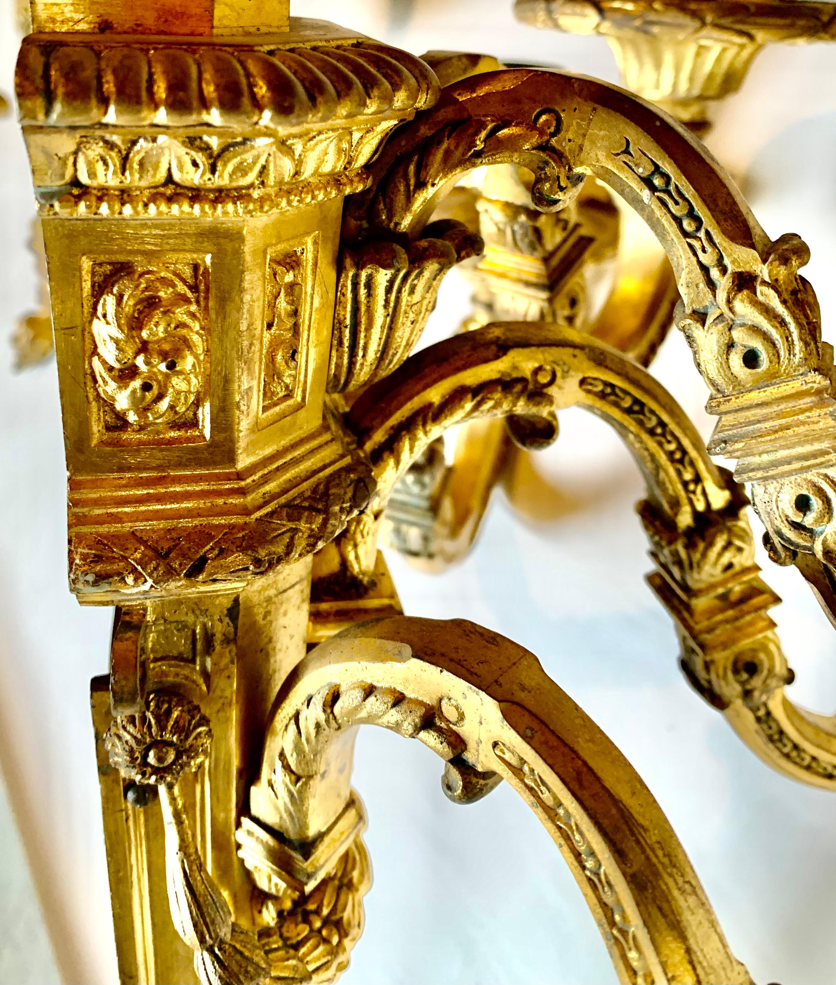 Fine Antique Pair Palace Size Dore Bronze Loius XVI Style Five Light Sconces For Sale 7