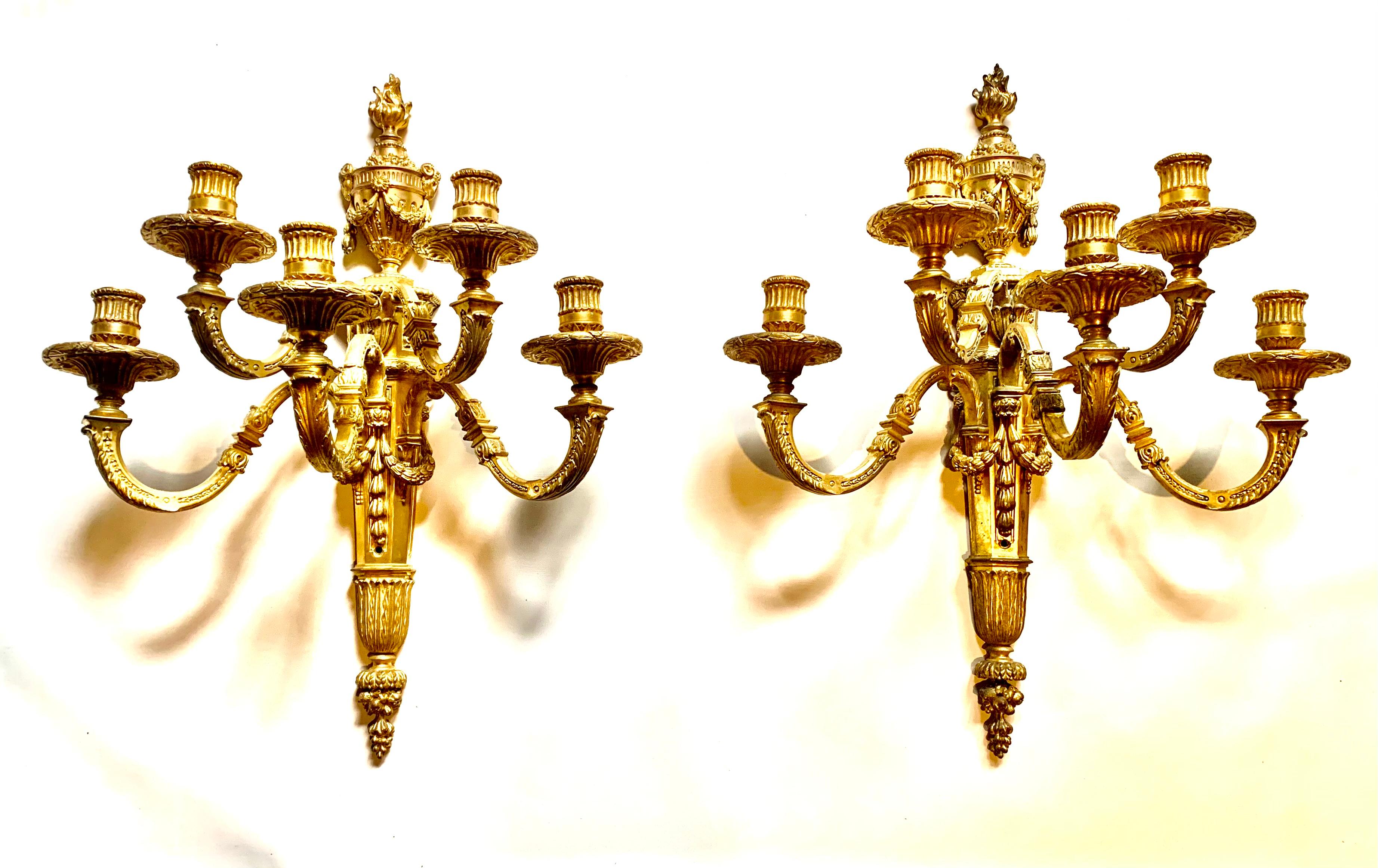 Fine Antique Pair Palace Size Dore Bronze Loius XVI Style Five Light Sconces For Sale 8